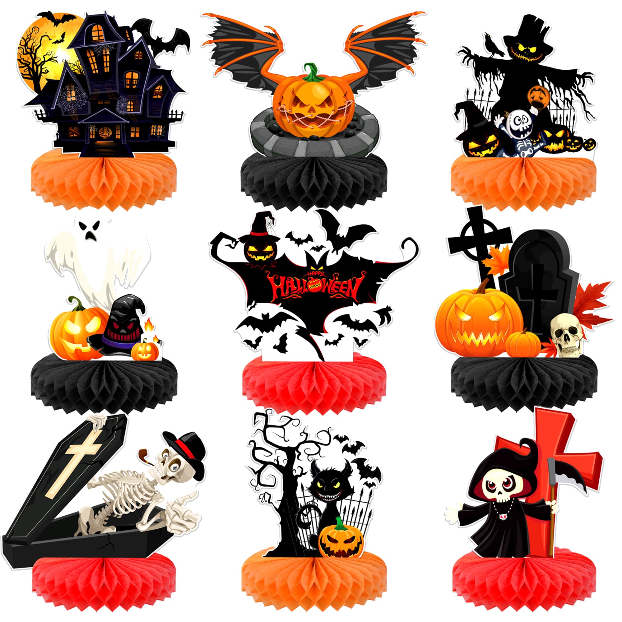 Spooky Halloween Table Decorations - Pack of 9 Haunted Ghost, Pumpkin & Cat Honeycomb Centerpieces for Halloween Party Decor | Perfect for Halloween Dinner, Haunted House & Spooky Party Decorations