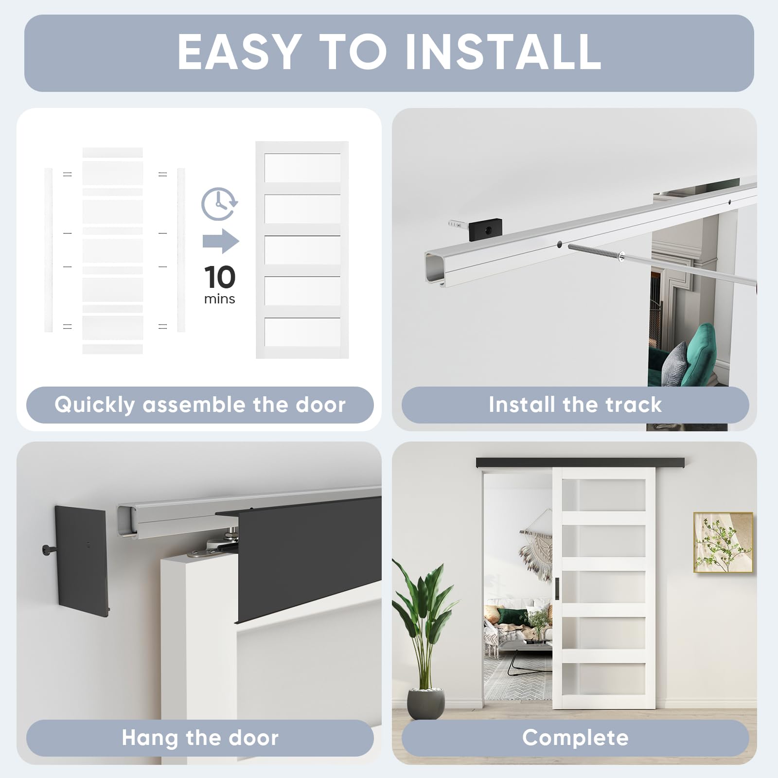 36in x 84in Frosted Glass Barn Door with Sliding Hardware Kit - 5-Panel White Frosted Glass, Black Box Rail, Waterproof PVC Surface - Easy Assembly for Bedroom, Closet, or Office Partition