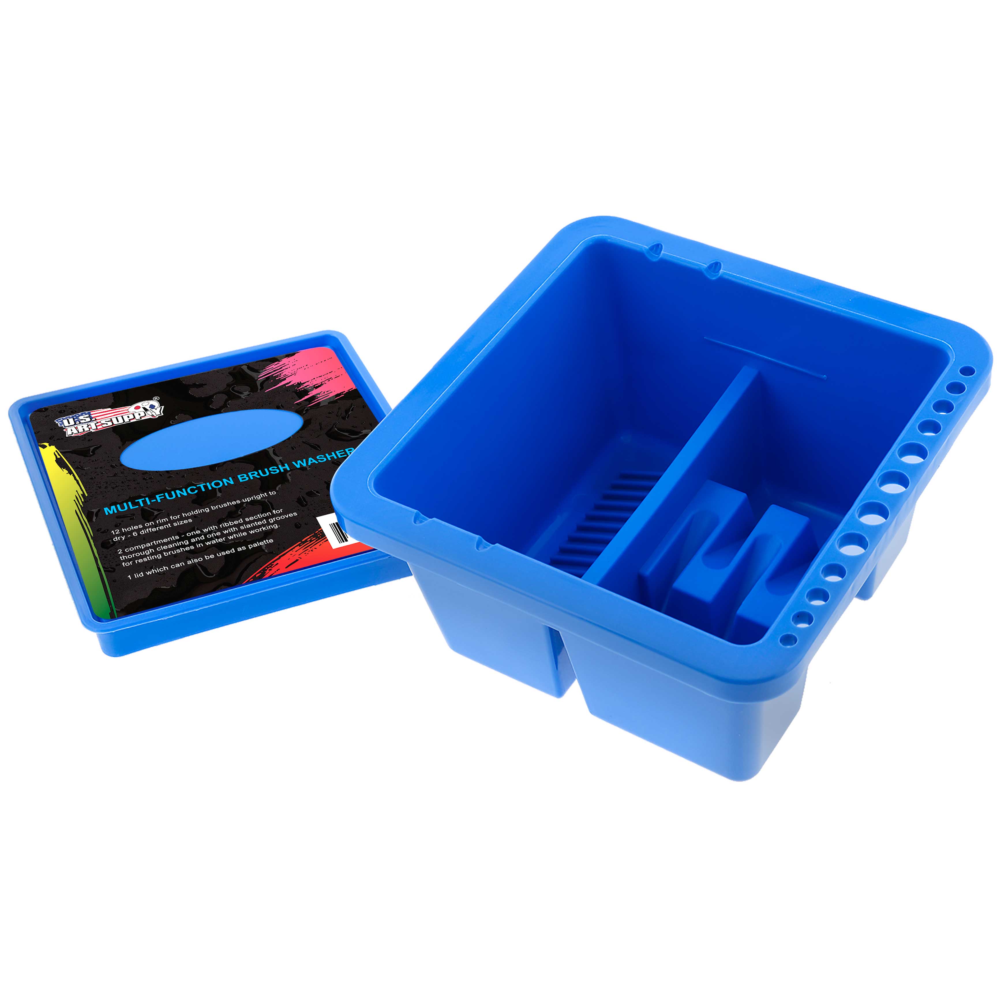 12-Hole Multi-Function Plastic Brush Washer, Cleaner & Holder with Palette Lid - Clean, Dry, Rest, Store & Organize Artist Paint Brushes - Perfect for Acrylic, Oil & Watercolor Painting - Ideal for Art Studios, Classrooms & Home Use