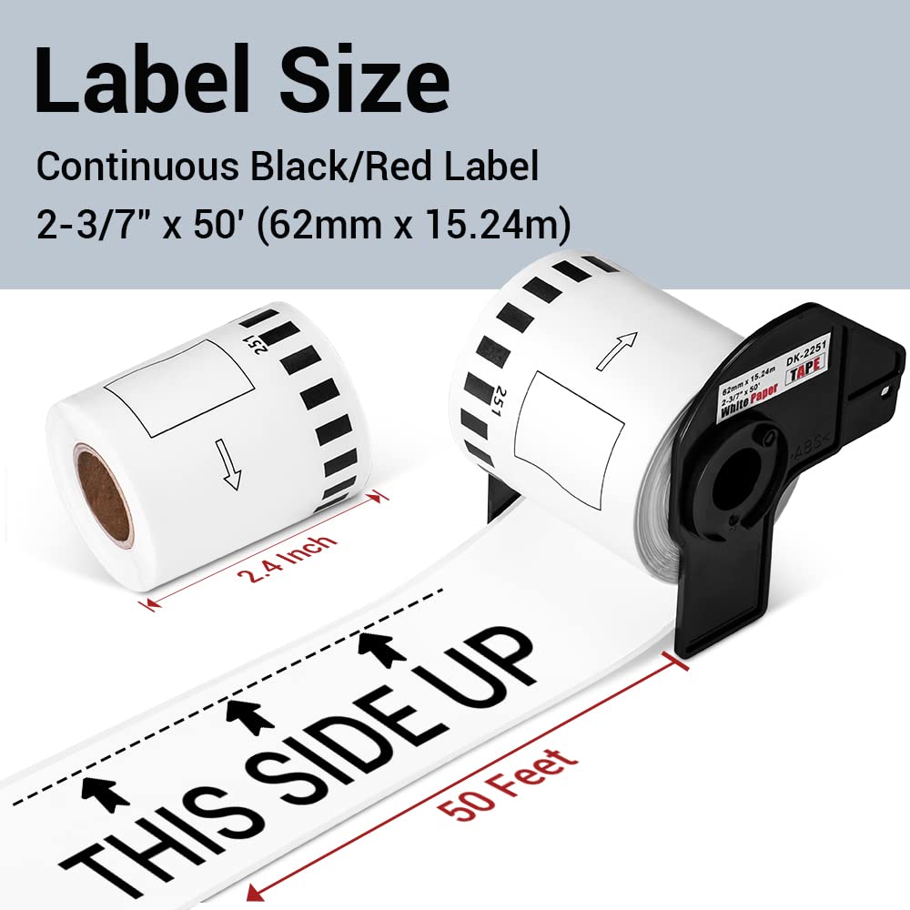 MarkDomain 6 Rolls DK-2251 Black/Red Continuous Length Label Tape - Compatible with Brother DK 2251, QL-800, QL-810W, QL-820NWB - 2.4in x 50ft White Paper Replacement - Perfect for Office Labeling, Shipping & Organization