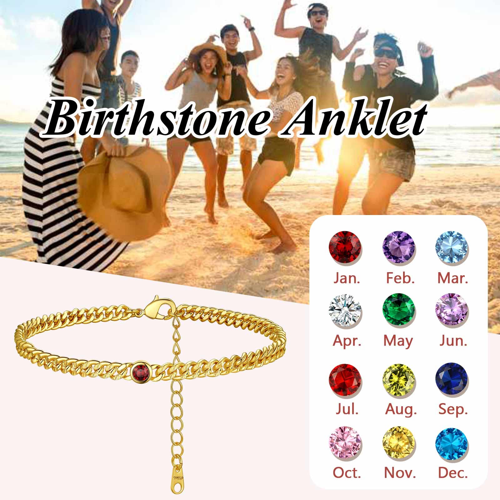 **14K Gold Plated Cuban Link Anklet for Women - Adjustable Ankle Bracelet with Birthstone Charm - Perfect for Beach, Vacation & Summer Jewelry**