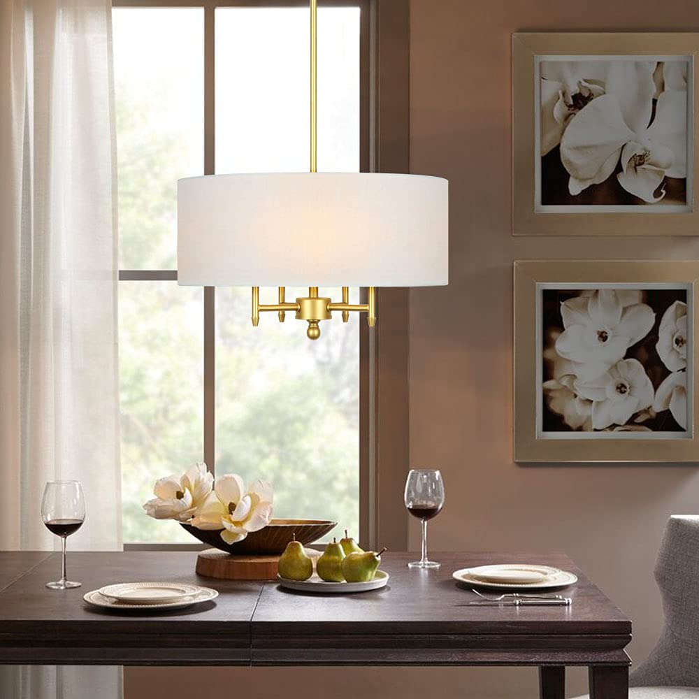 Modern 4-Light Chandelier with White Linen Drum Shade - Antique Brass Finish - Elegant Ceiling Light Fixture for Dining Room, Living Room, Kitchen Island & Foyer | Perfect for Home Decor, Wedding Venues & Restaurant Lighting