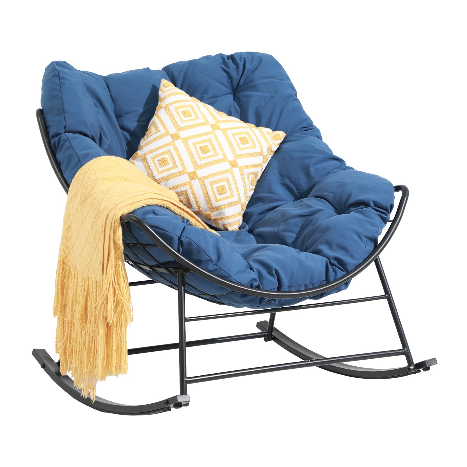 OC Orange-Casual Outdoor Rocking Chair with Oversized Cushion - Comfortable Patio Reading Chair, Indoor Rocker Recliner for Balcony, Porch, Garden & Living Room - Navy Blue - Perfect for Relaxing, Reading & Lounging
