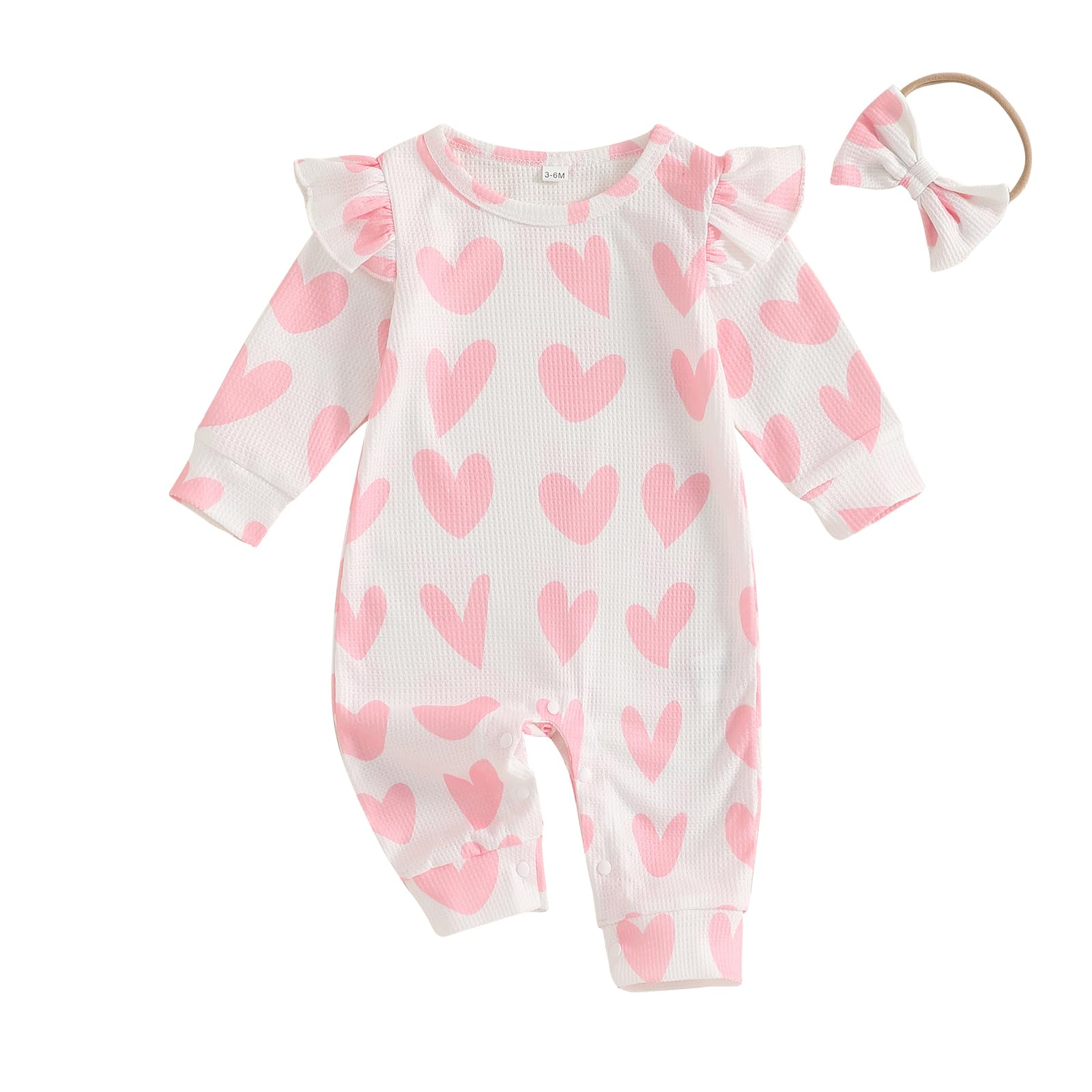 KOSUSANILL Baby Girl Valentine's Day Outfit - Ruffle Long Sleeve Romper with Heart Print, Waffle Knit Jumpsuit & Headband Set | Cute Fall Clothes for Photoshoots, Parties & Special Occasions