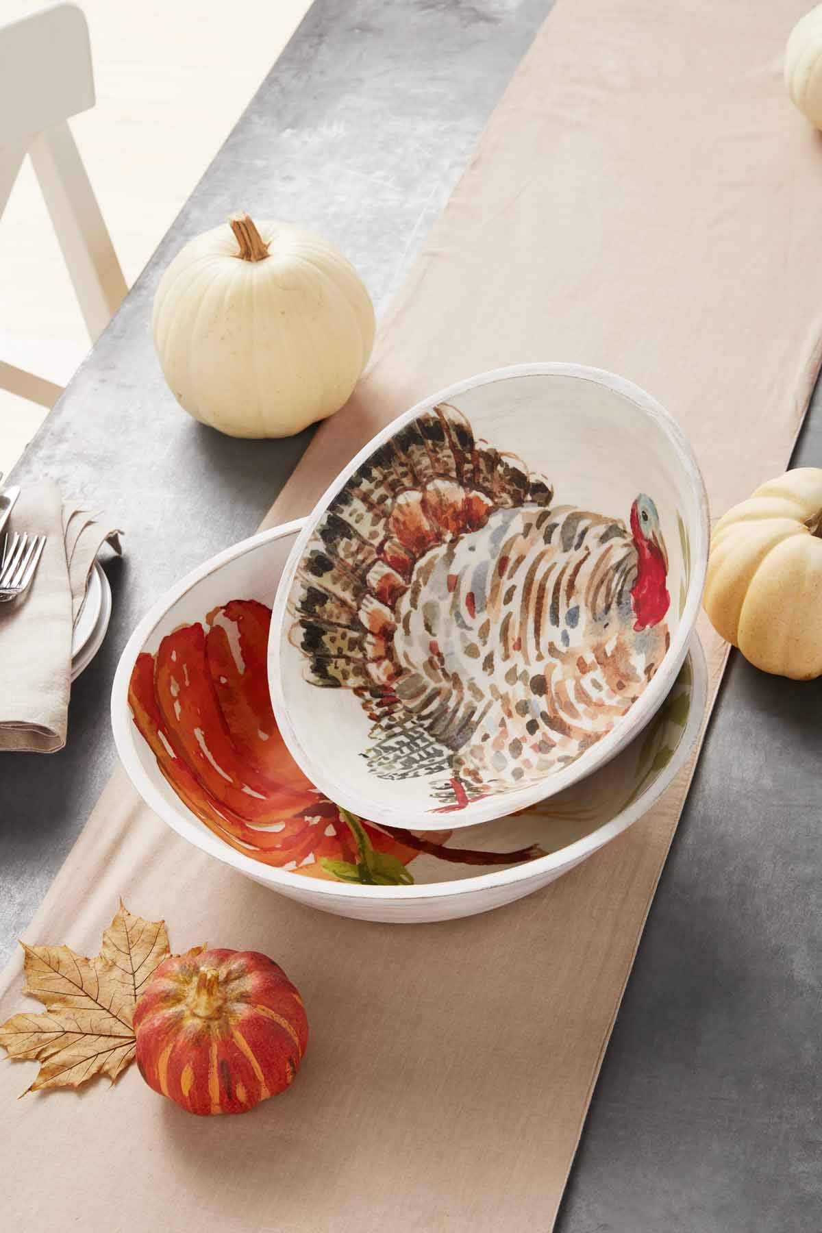 Mud Pie Fall Wood Bowl Set - Rustic Decorative Wooden Bowls for Thanksgiving, Autumn Table Centerpiece, Farmhouse Home Decor, Perfect for Seasonal Display and Serving