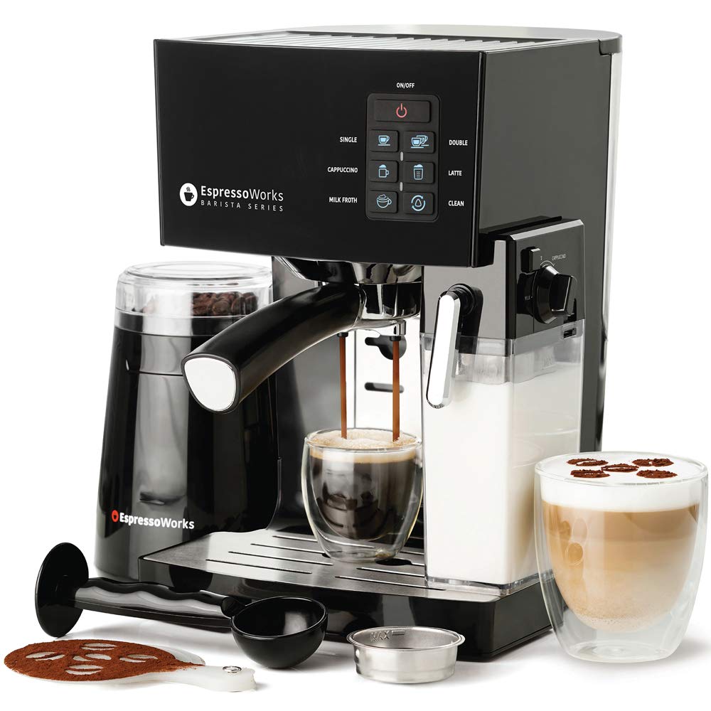 EspressoWorks 19-Bar Professional Espresso Machine with Milk Frother - 10-Piece All-in-One Coffee Maker Set for Latte, Cappuccino & Espresso (1250W, Black) - Perfect for Home Baristas, Office Coffee Breaks & Gift Giving