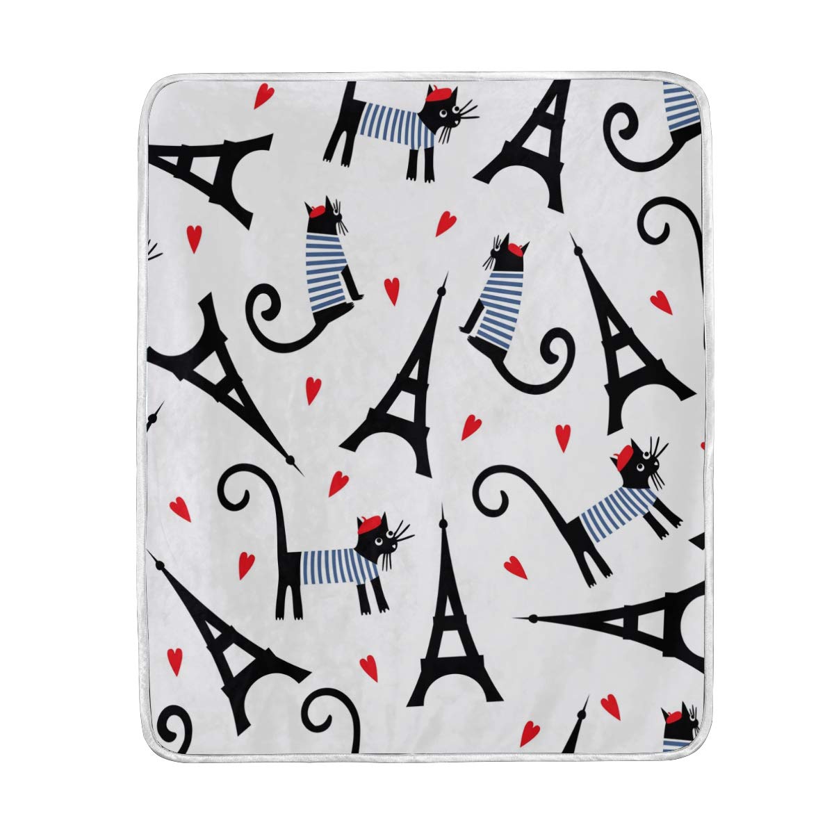 Eiffel Tower Cat Romantic Hearts Throw Blanket - Soft Polyester Microfiber Lightweight Blanket 50x60 Inches for Couch, Bed, Sofa - Perfect for Home Decor, Gifts, and Cozy Nights