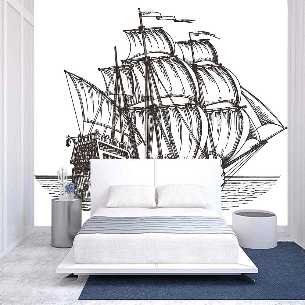 116x83 Inches Old Retro Style Ship Floating on Water Antique Cruise Marine Sketch Art - Peel and Stick Self-Adhesive Wallpaper - Removable Large Wall Sticker for Home, Office, Bedroom, Living Room, Dorm Decor