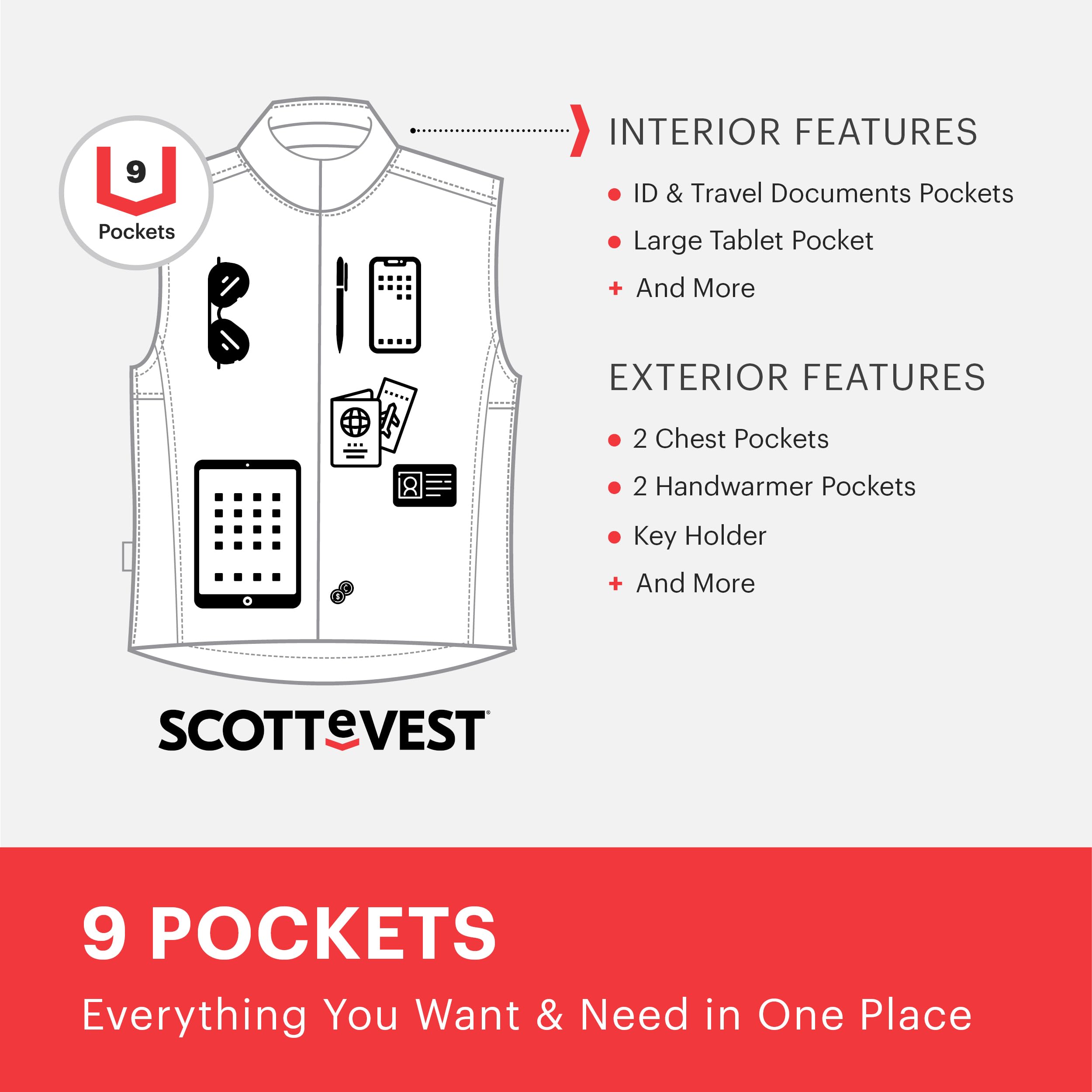 SCOTTeVEST Men's Travel Vest with 9 Hidden Pockets - Water Repellent Outdoor Jacket for Hiking, Camping & Airplane Security (Perfect for Travelers & Tech Gadgets)