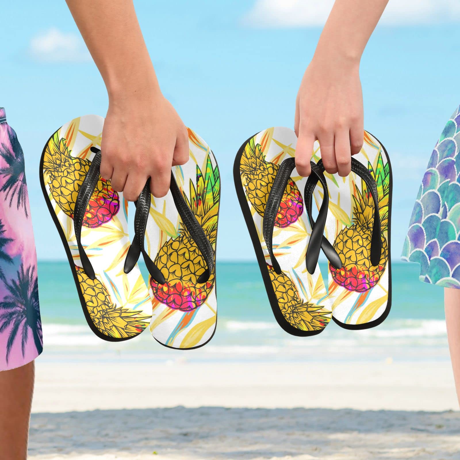 ACPIGGTO Flip Flops for Women & Men - Summer Beach Sandals with Pineapple Leaf Design, Yellow Palm Tree Tropical Thong Slides - Perfect for Pool, Vacation, and Casual Wear
