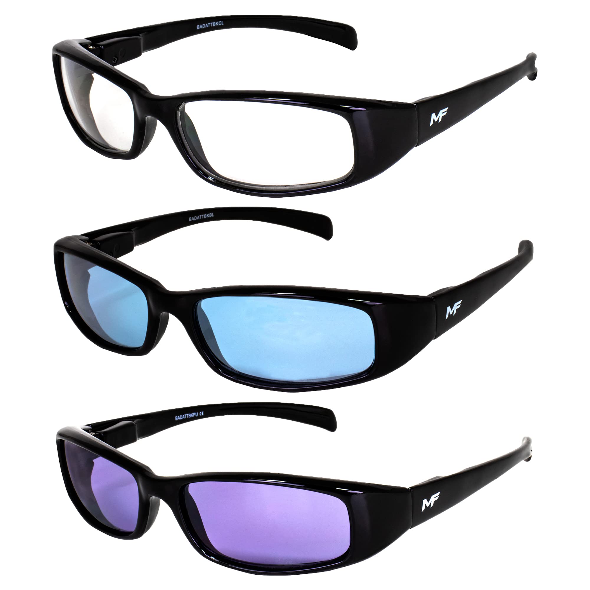 3 Pairs MF Eyewear Bad Attitude Motorcycle Glasses - Shatterproof Polycarbonate, UV400 Protection, Scratch-Resistant - Black Frame with Clear Blue & Purple Lenses for Motorcycle Riding, Cycling & Outdoor Sports