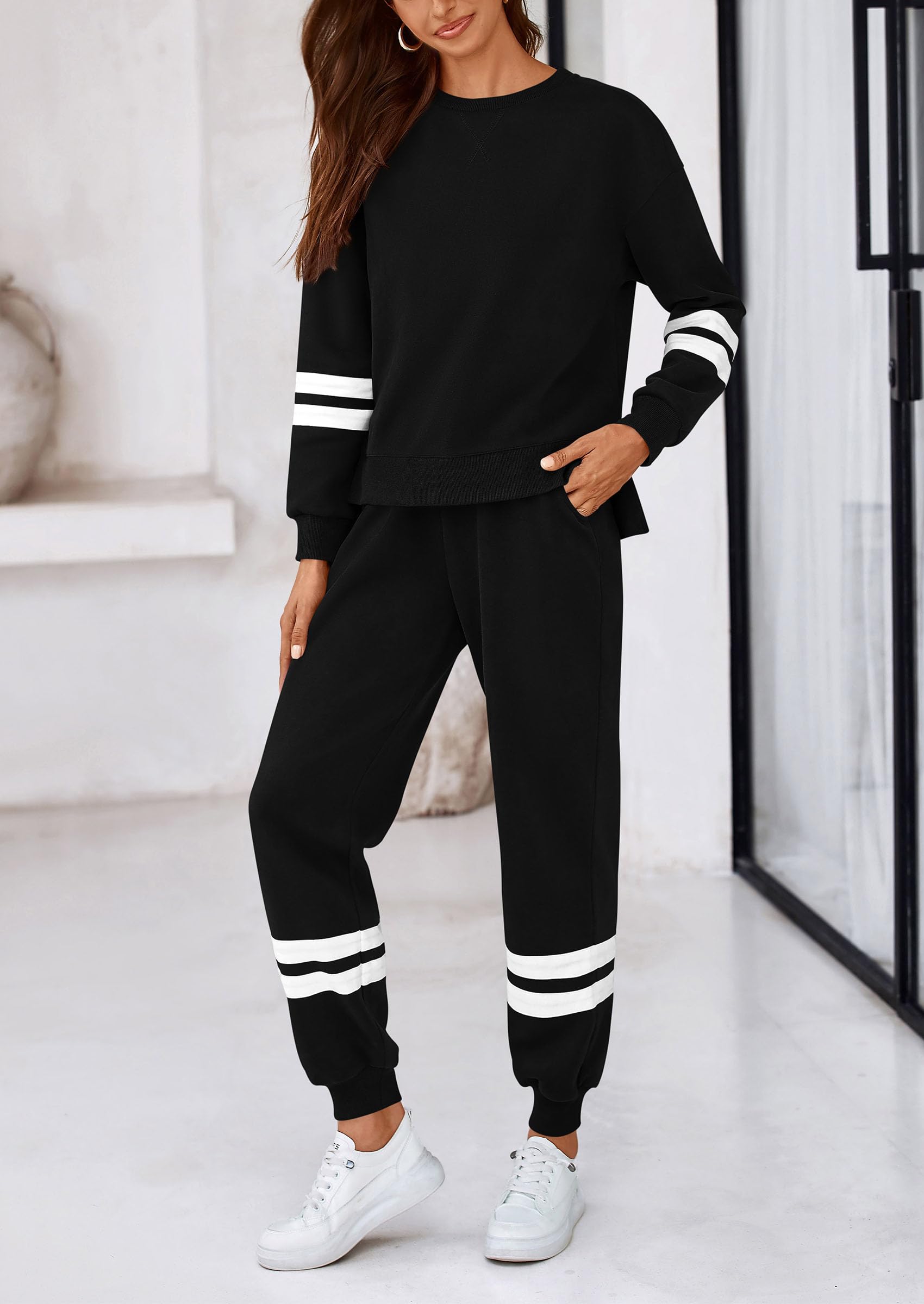 PRETTYGARDEN Women's 2 Piece Striped Tracksuit Set - Long Sleeve Sweatshirt & Sweatpants Lounge Outfit | Casual Wear, Yoga, Running, Home Relaxation
