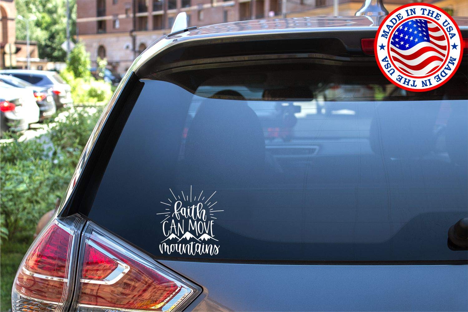 Faith Can Move Mountains Vinyl Decal Sticker - 5.5x5.5 Inch White Car Decal for Cars, Trucks, Vans, Walls & Laptops - Sunset Graphics & Decals - Perfect for Inspirational Car Decor, Office Motivation & Home Wall Art