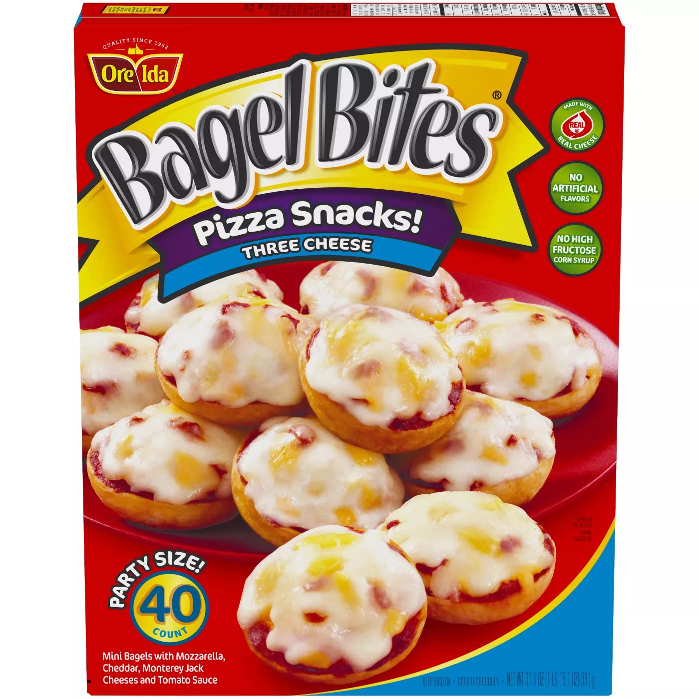 Bagel Bites Three Cheese Frozen Pizza Snacks - Mozzarella, Cheddar & Monterey Jack - Party Size 2 Pack (31.1oz/40ct, Total 80 Bites) | Ready Set Gourmet Donate A Meal Program | Perfect for Parties, Game Nights & Quick Family Meals