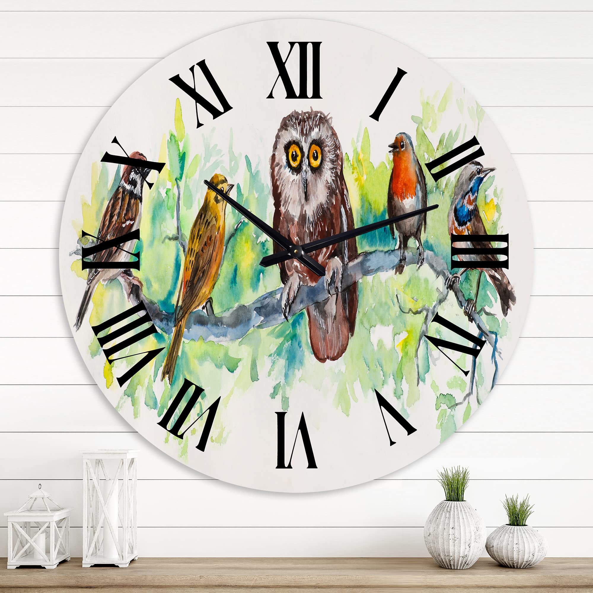 Owl on a Branch with Bird Friends Wall Clock - Large Traditional Wooden Wall Clock for Home, Office, and Living Room Decor - Perfect for Farmhouse, Rustic, and Nature-Themed Interiors