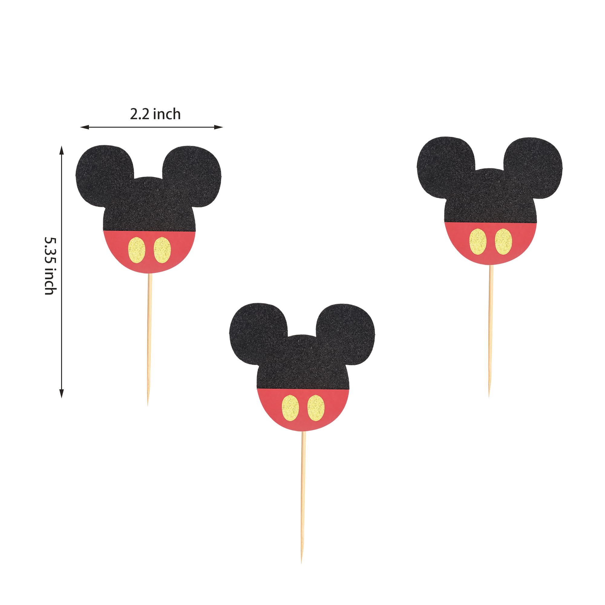 24Pcs Mouse-Inspired Cupcake Toppers with Bow - Black Red Glitter Mouse Cake Decorations for Baby Showers, Weddings & Kids Birthday Parties - Perfect for Themed Desserts, DIY Baking & Party Supplies