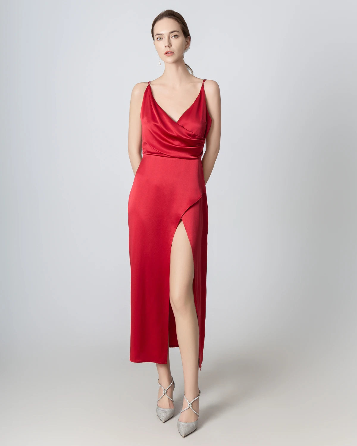 Elegant V-Neck High Slit Silk Maxi Dress for Women - Luxury Evening Gown for Parties, Weddings & Special Occasions