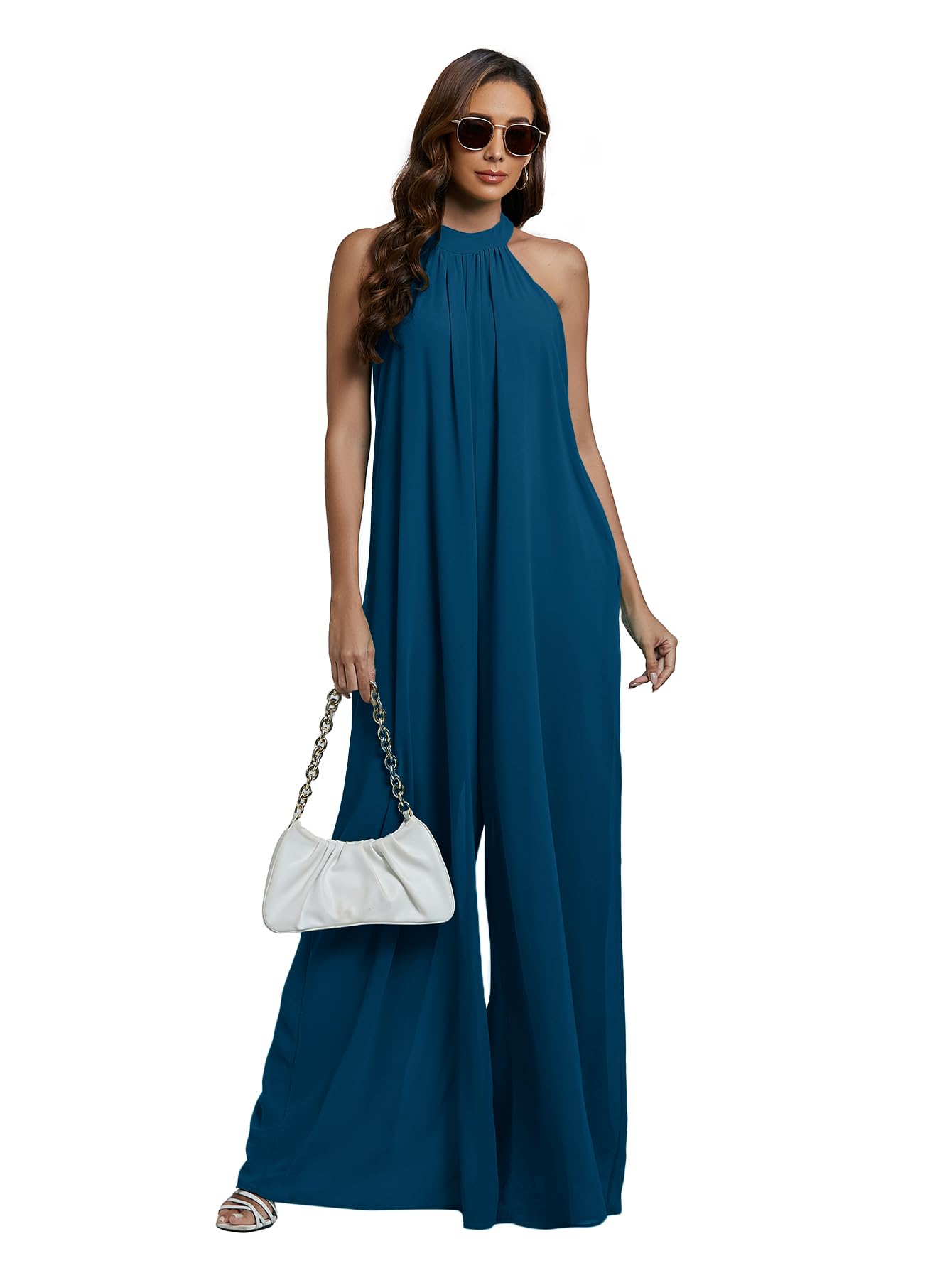 LYANER Women's Halter Neck Sleeveless Chiffon Wide Leg Jumpsuit Romper - Elegant Summer Outfit for Beach Vacation, Party & Casual Wear