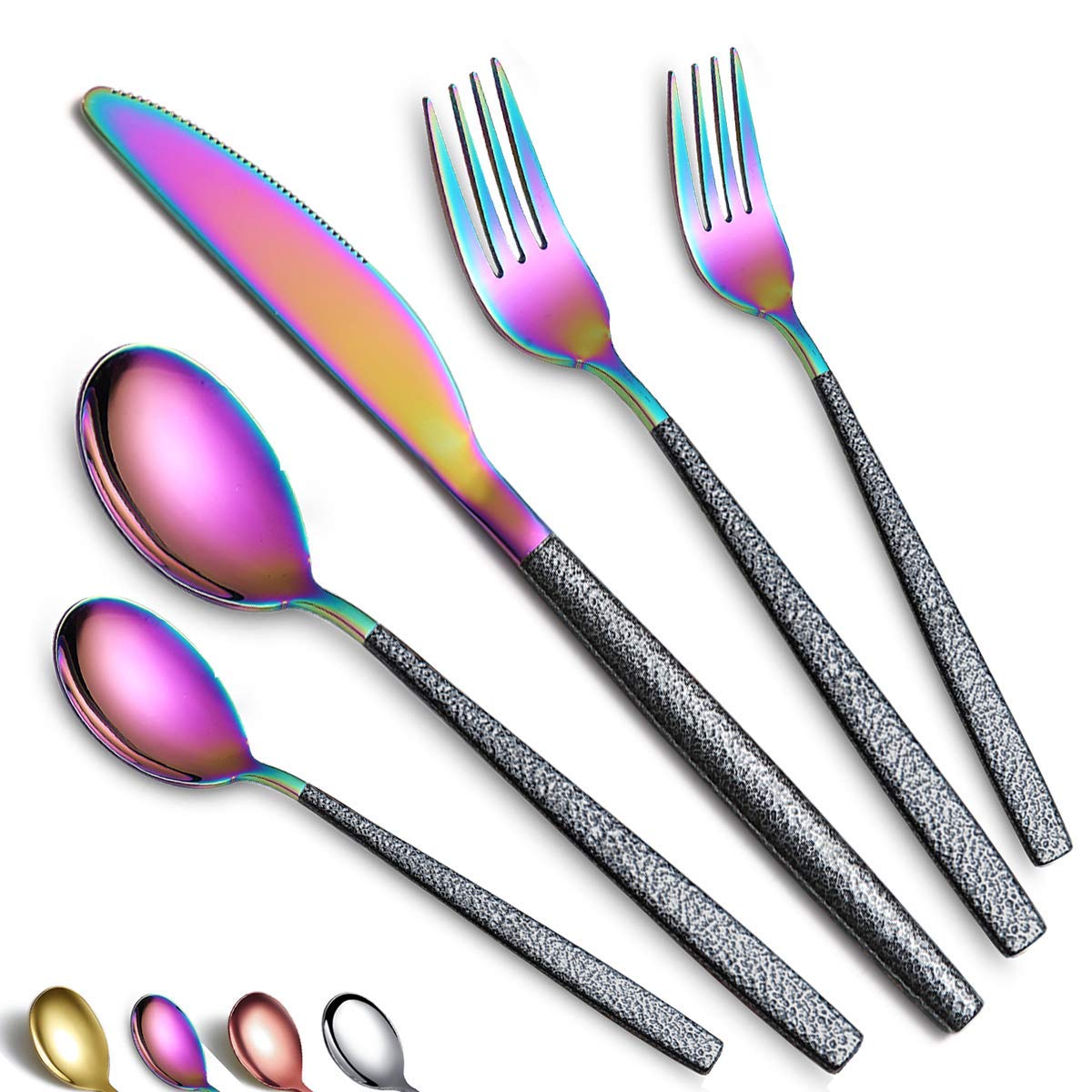 20-Piece Rainbow Silverware Set - Stainless Steel Titanium Colorful Plating with Black Mars Handle - Knives, Spoons, Forks Flatware Cutlery Set for 4 - Perfect for Dinner Parties, Weddings & Elegant Dining