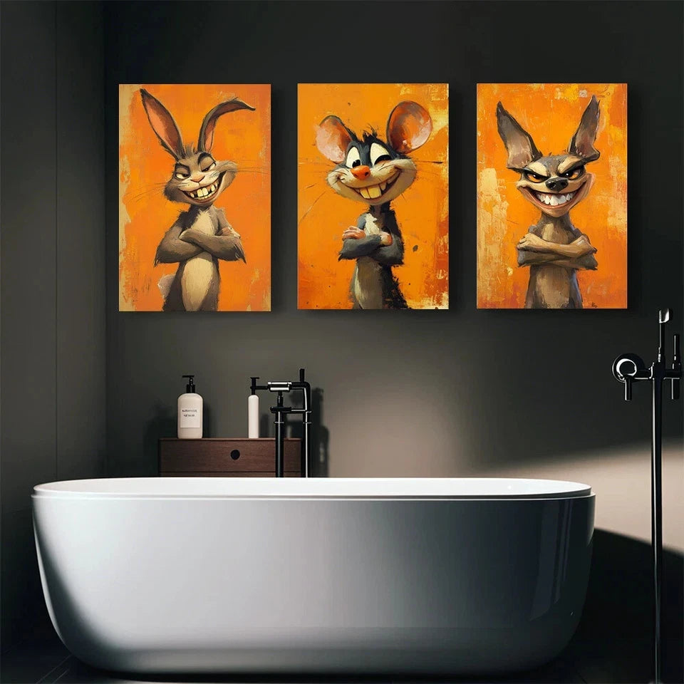 3-Piece Abstract Animal Themed Metal Wall Art - Ready to Hang Mouse Prints for Living Room, Bedroom & Office Decor