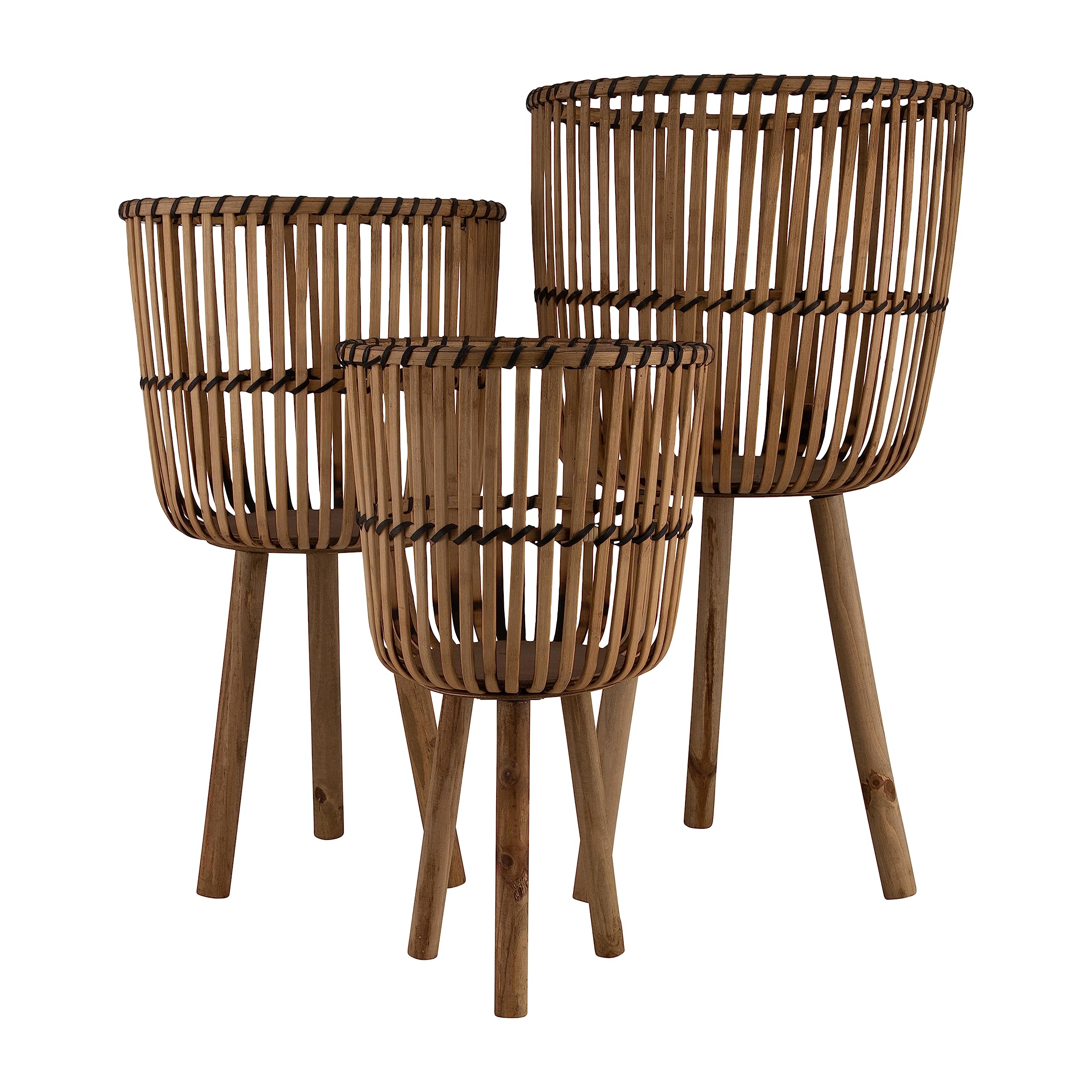 Premium Bamboo Wooden Planters with Stands - Set of 3 Rustic Indoor/Outdoor Plant Pots for Home, Garden, Patio & Office Decor - Natural Brown Planter Boxes for Flowers, Succulents & Herbs