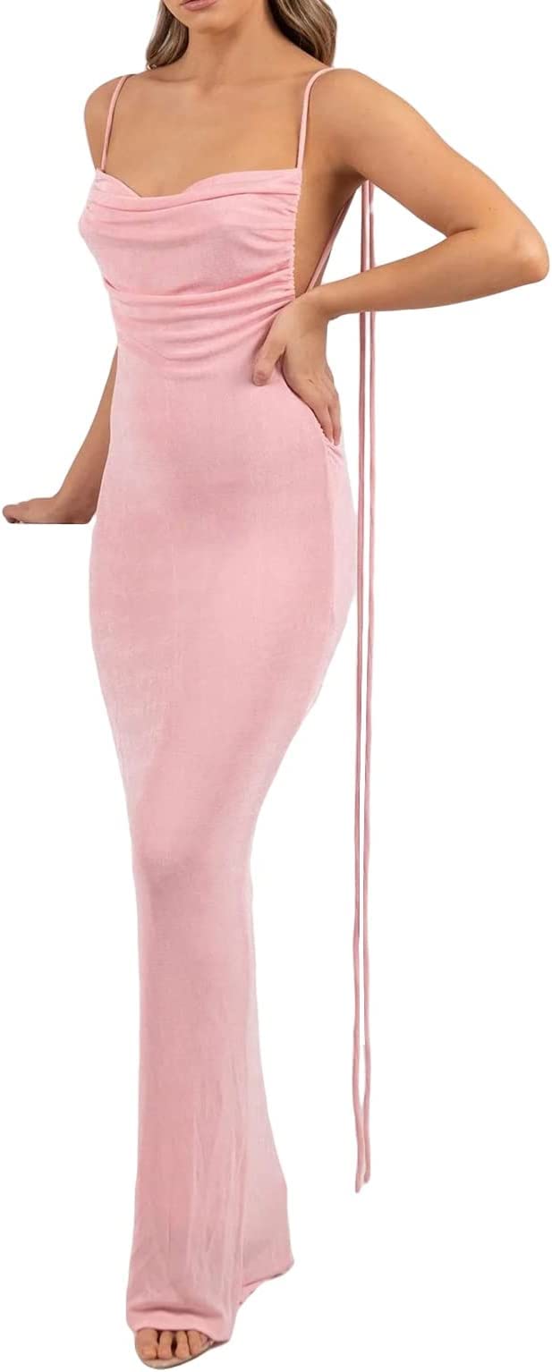 Sexy Backless Maxi Dress for Women - Lace Up Spaghetti Strap Summer Cocktail Party Dress | Elegant Draped Long Dress for Night Out, Beach Wedding & Special Occasions