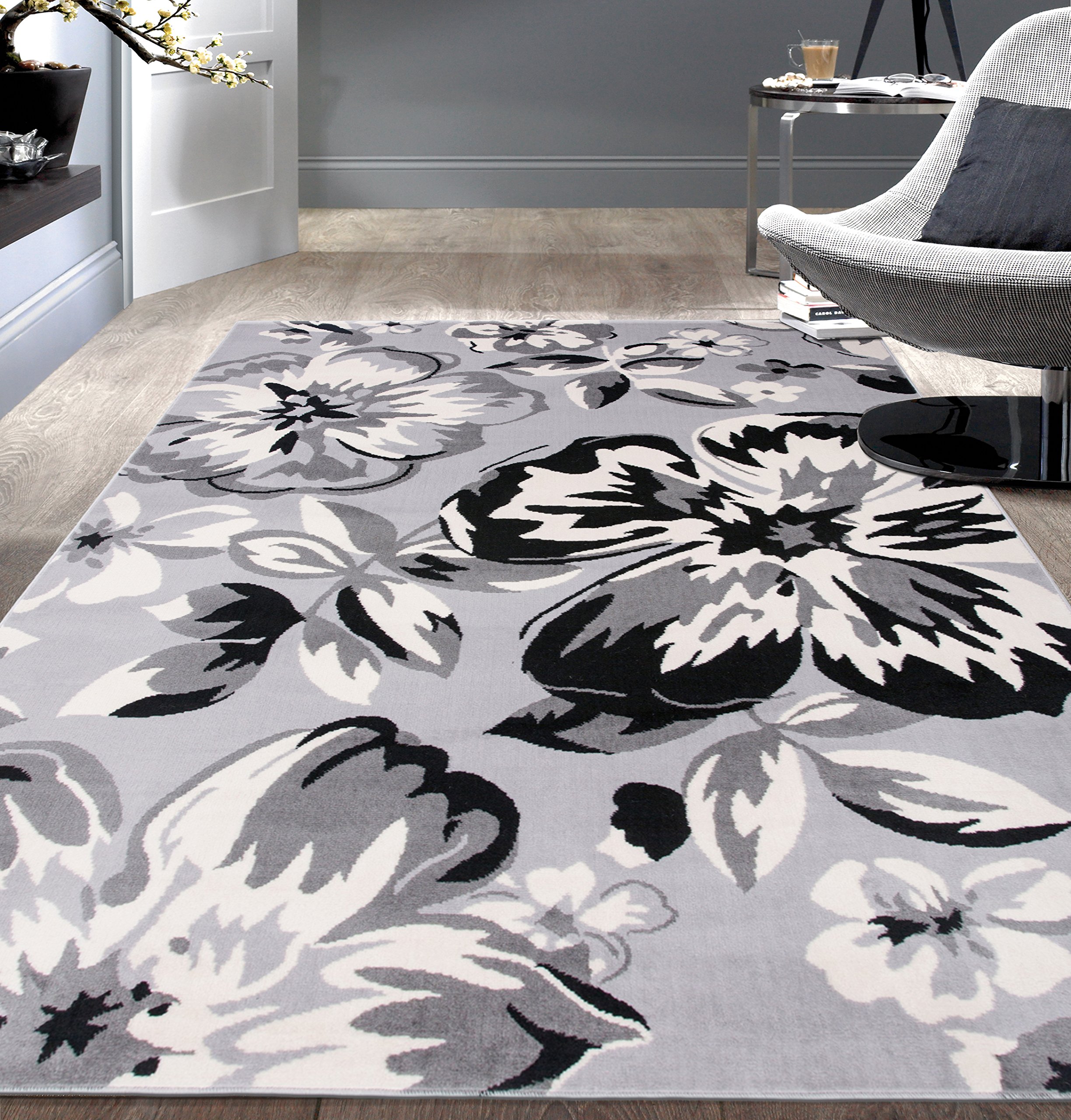 Modern Floral Area Rugs 9' X 12' Gray - Soft Non-Slip Living Room Rug, Perfect for Bedroom, Dining Room and Home Decor