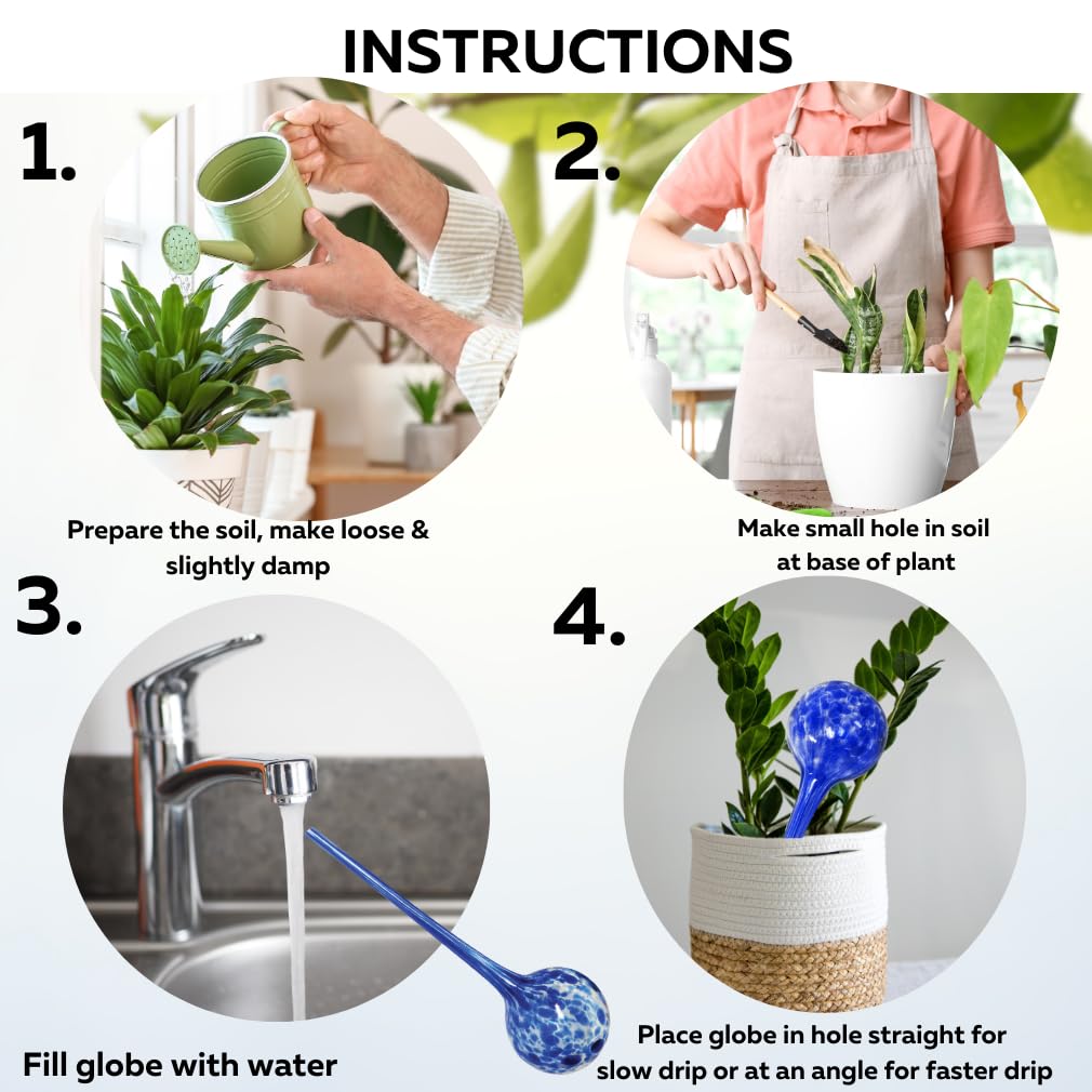 Evelots 14-Inch Extra Long Hand Blown Glass Plant Watering Globes (4 Pack) - Automatic Self-Watering Bulbs for Large Indoor/Outdoor Plants - Perfect Vacation Plant Care Solution for Home, Office & Garden