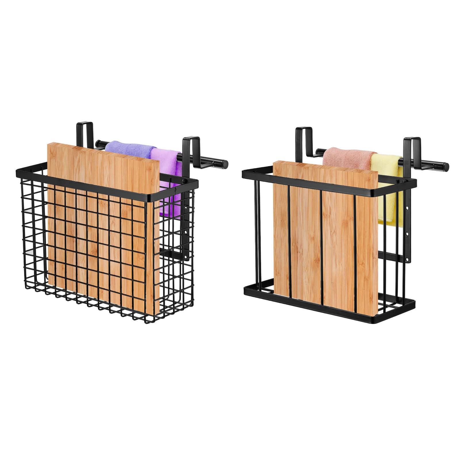 uxcell 2-Pack Black Metal Wire Cabinet Door Organizer with Towel Bar & Hooks - Space-Saving Kitchen, Pantry & Bathroom Storage Solution for Cutting Boards, Utensils & Towels