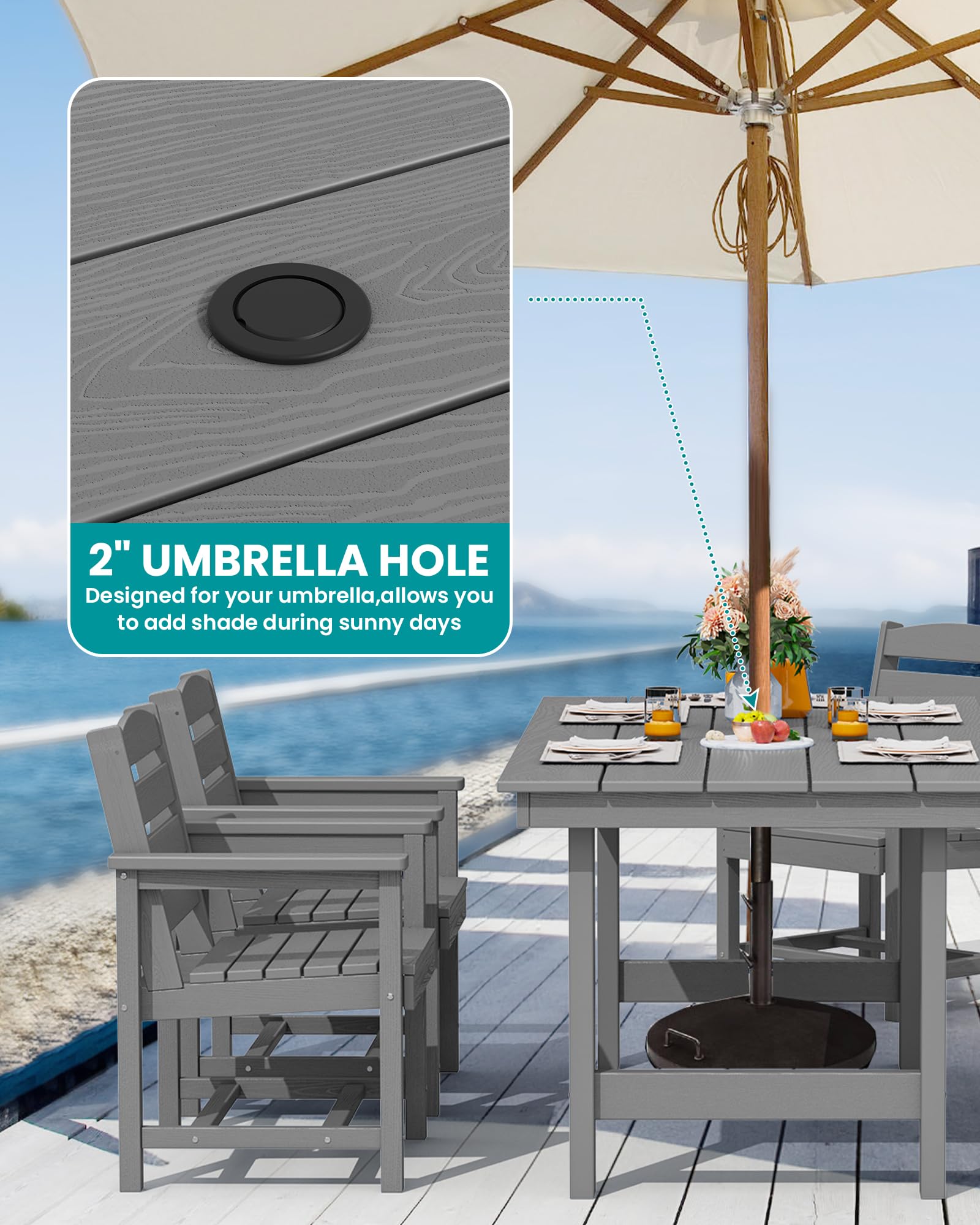 SERWALL 7-Piece Outdoor Dining Set with Umbrella Hole - HDPE Gray Patio Table & 6 Chairs - Perfect for Backyard, Garden, Poolside & Outdoor Entertaining
