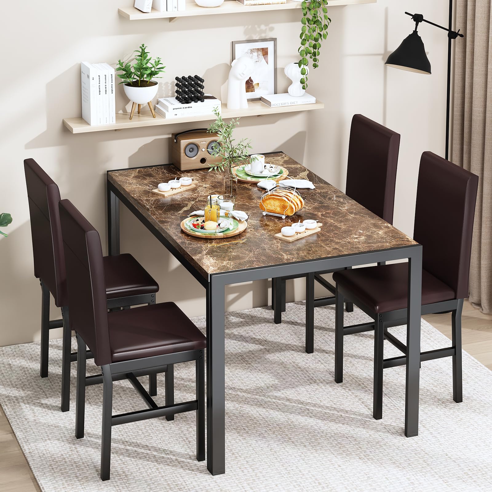 Modern 5-Piece Dining Table Set for 4 with Faux Marble Top & Leather Upholstered Chairs - Compact Brown Kitchen Table Set for Small Spaces | Perfect for Apartments, Breakfast Nooks & Cozy Family Dinners