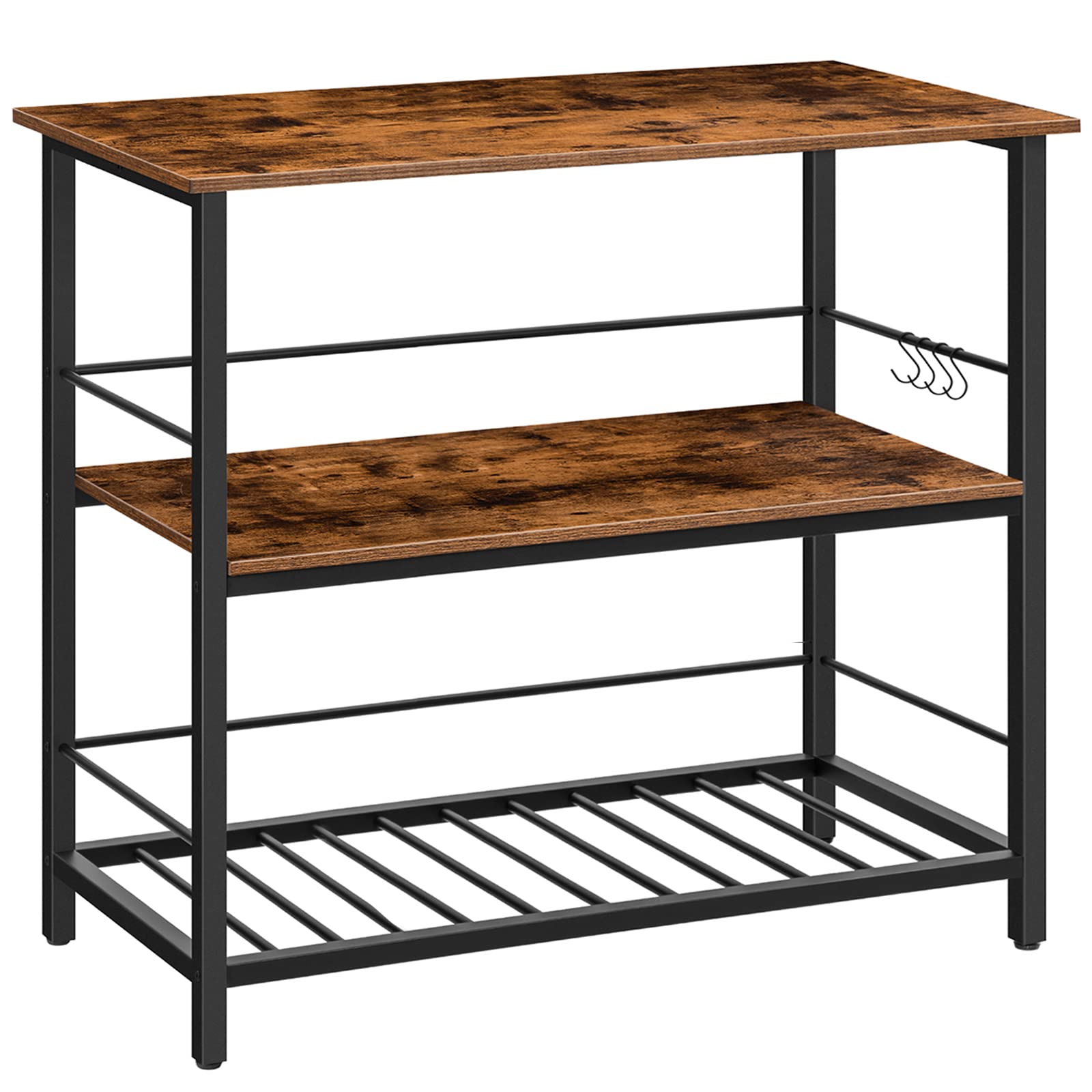 HOOBRO Rustic Brown Kitchen Island with Wine Rack - Industrial Style 3-Tier Kitchen Cart with Hooks, Protective Rails & Large Workstation - Easy Assembly for Small Spaces, Dining Rooms & Home Bars