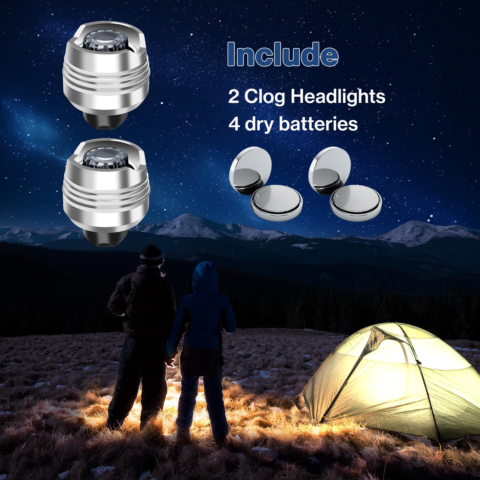 Battery-Powered LED Headlights for Crocs - 2 Pack Shoe Lights with 3 Lighting Modes, IP64 Waterproof - Perfect for Walking, Hiking, Camping & Nighttime Safety (Silver)