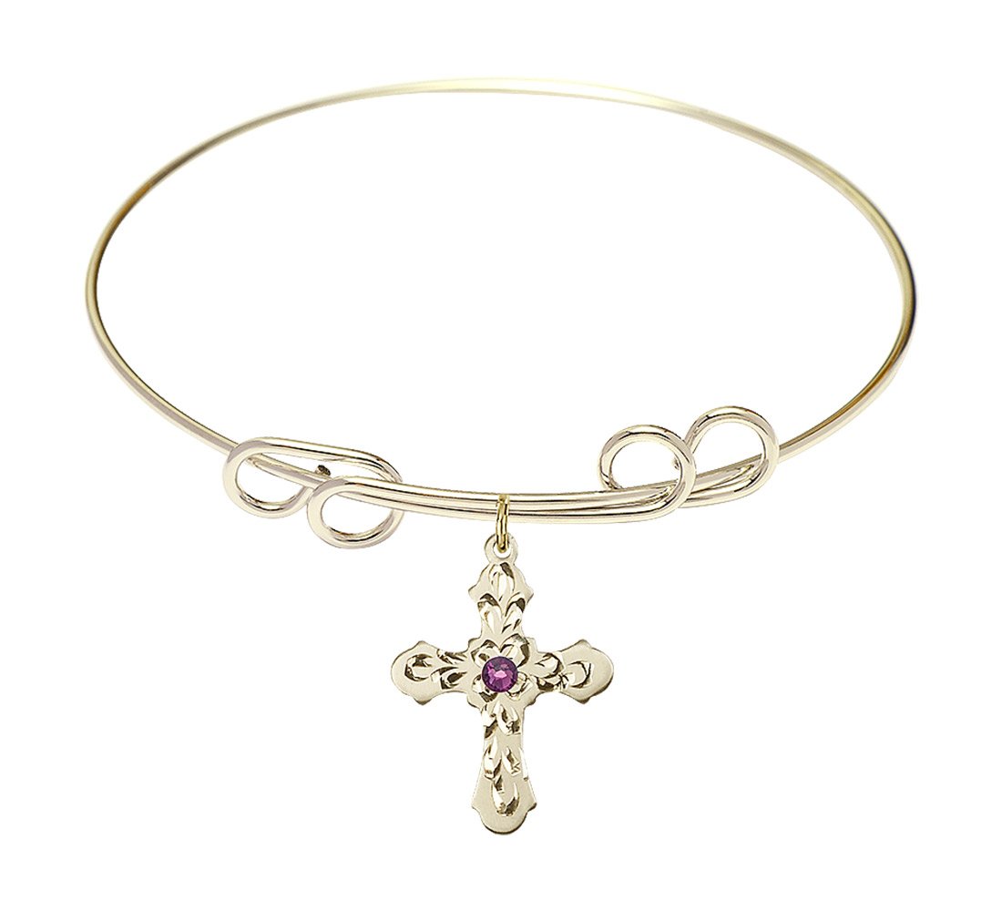 8 Inch Round Double Loop Bangle Bracelet with Cross Medal Charm & February Birthstone Purple Crystal - Elegant Jewelry for Women, Gift for Valentine's Day, Anniversary or Special Occasions