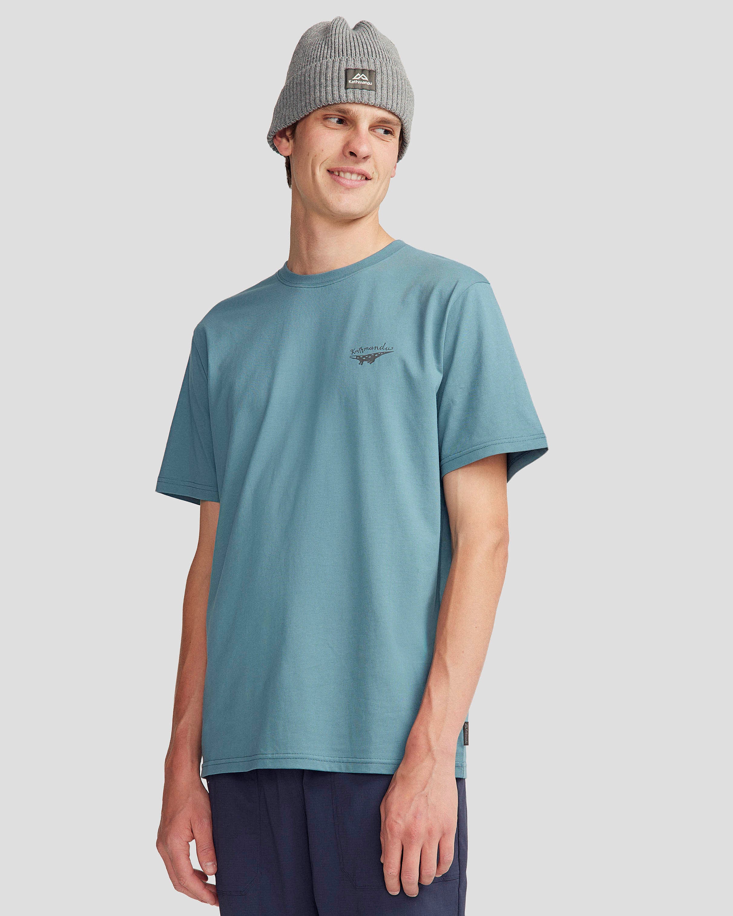 Organic Cotton Men's Lizard Print T-Shirt - Washed Blue Crewneck Tee for Casual Wear & Street Style