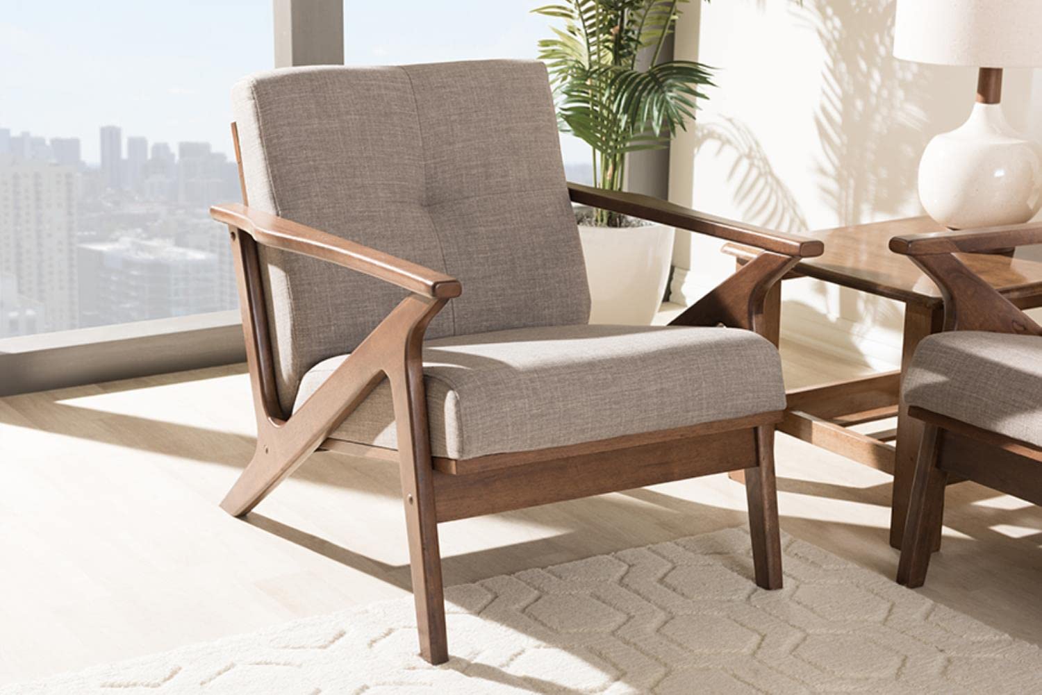 Baxton Studio Bianca Mid-Century Modern Walnut Wood Light Grey Fabric Tufted Lounge Chair - Stylish Accent Chair for Living Room, Office & Reading Nook - Comfortable Upholstered Armchair with Wooden Legs