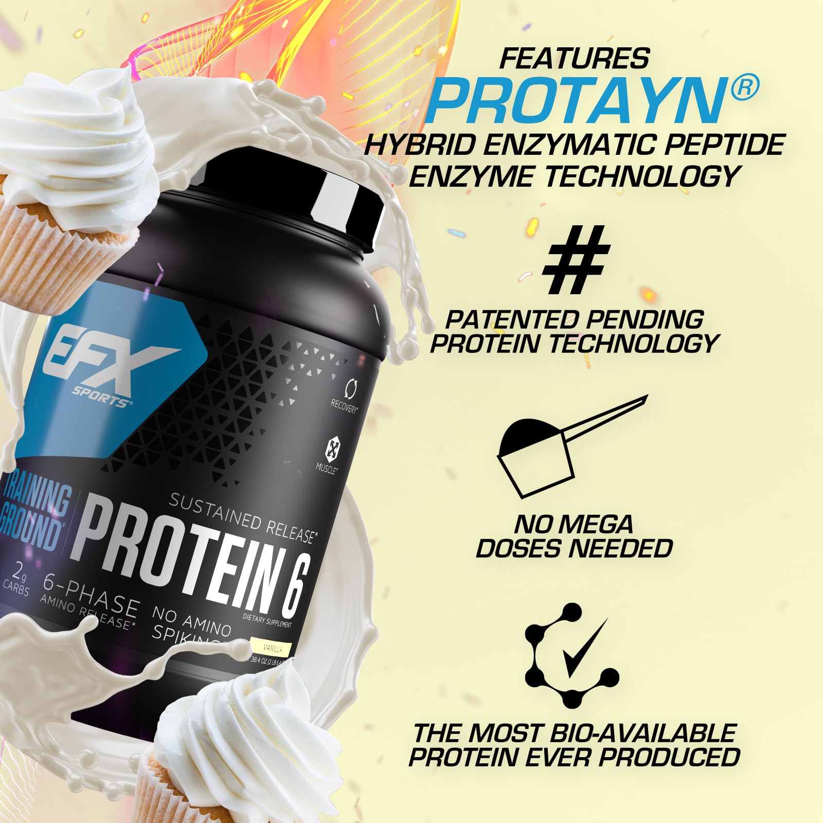 EFX Sports Training Ground Protein 6 - 26g 6-Source Sustained Release Protein Powder with Whey Isolate, Concentrate, Egg White & Pea Protein - Vanilla Flavor (32 Servings) for Post-Workout Recovery, Muscle Growth & Fitness Nutrition