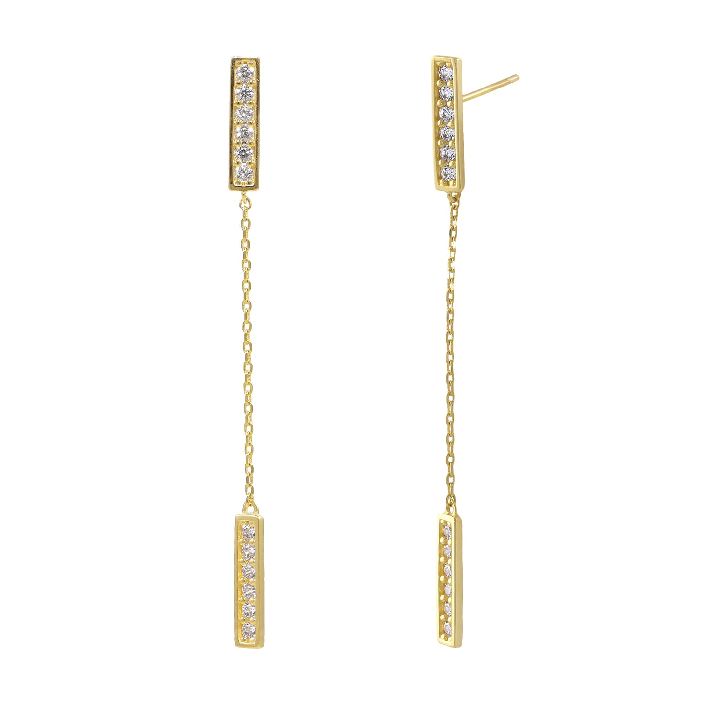 14K Solid Gold Bar Chain Dangle Earrings with CZ Stones – Elegant & Durable Jewelry for Parties, Weddings & Everyday Wear