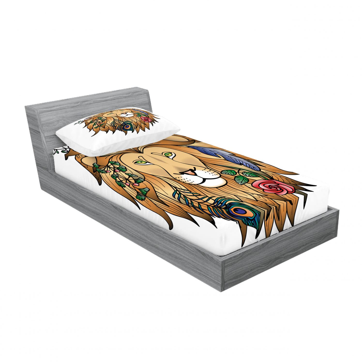 Ambesonne 2-Pack Twin XL Fitted Sheet & Pillow Sham Set - Lion with Floral Print Brown Bedding (4-Piece) | Soft & Breathable for Kids Room, Dorm Decor or Jungle-Themed Bedroom