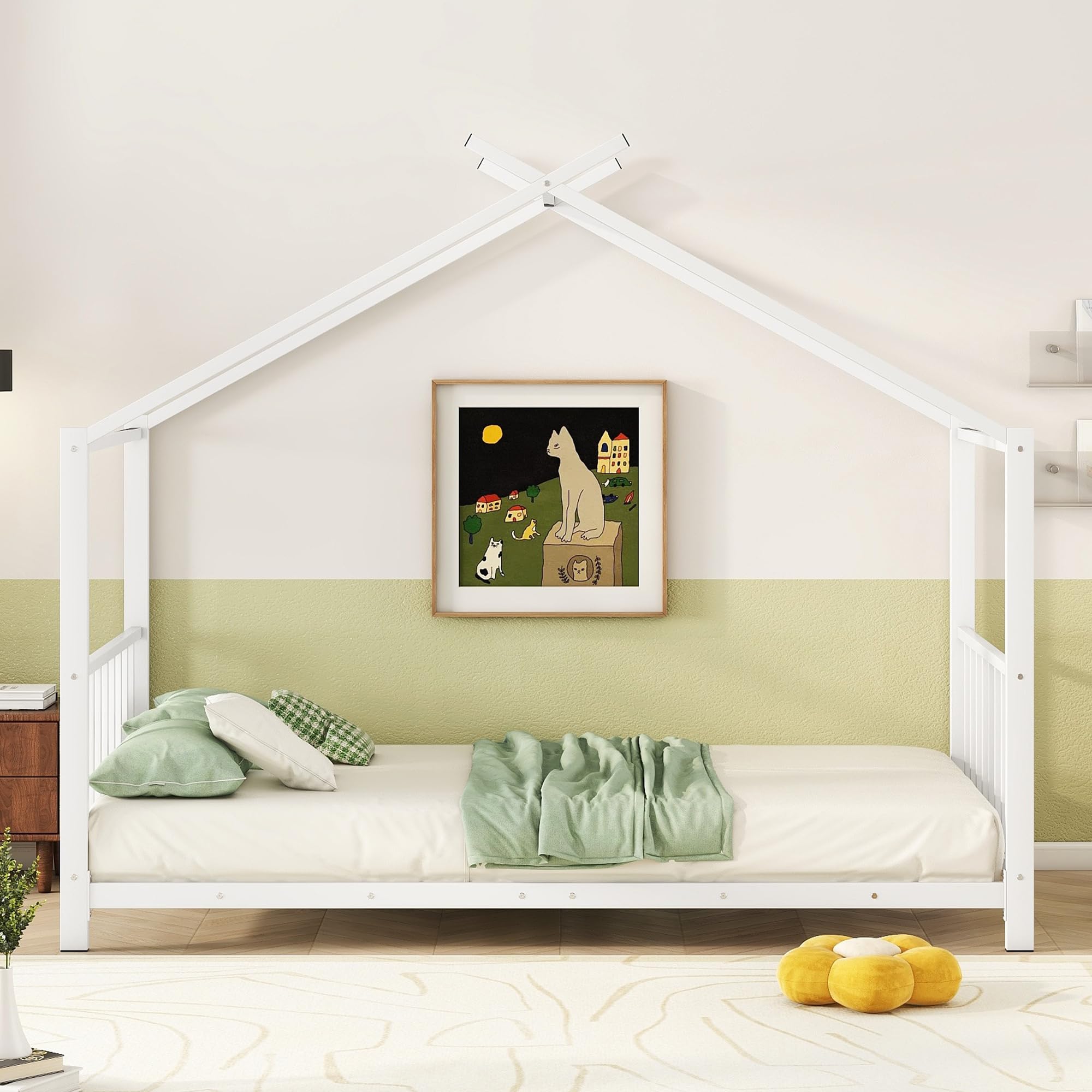 Montessori Twin Size Floor Bed for Kids - Sturdy Metal Frame with High Headboard & Roof - House Bed for Boys & Girls (White) - Perfect for Playrooms, Bedrooms & Montessori Learning Spaces