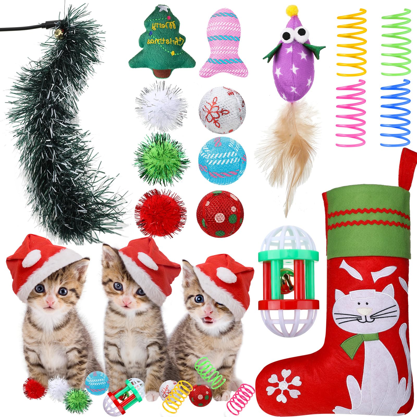 Supervitae 33-Piece Christmas Cat Stocking Toy Kit - Includes Filled Ball, Feather Teaser with Bell - Interactive Cat Toys & Gift Stuffer for Pets - Perfect for Holiday Playtime & Kitty Entertainment
