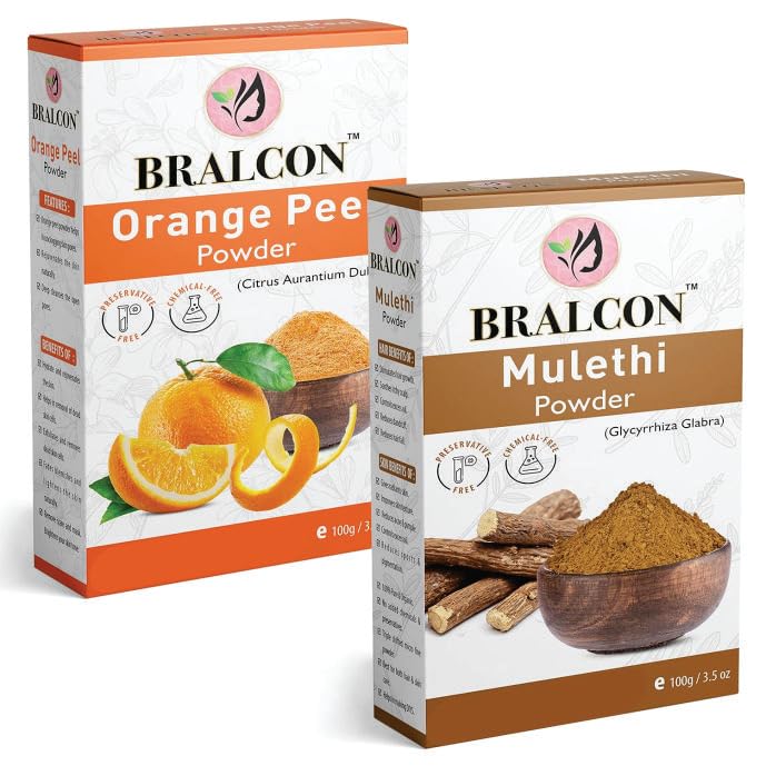 BRALCON Organic Orange Peel Powder & Mulethi Powder Combo - 200g (100g x 2) | Natural Licorice Root Powder for Skin Care & Hair Growth | Brightening Face Mask for Glowing Skin | DIY Beauty Treatments & Ayurvedic Remedies