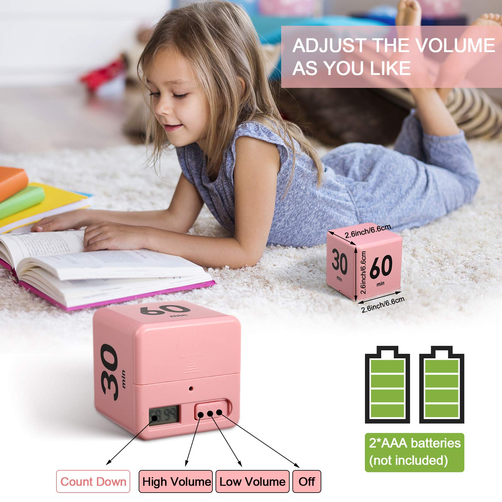 Weewooday 2.6 Inch Cube Timer Block - ADHD Focus Tool with Gravity Sensor for Productivity, Workouts & Time Management (15/20/30/60 Minute Settings) - Perfect for Kitchen, Office, Study & Gym - Pink