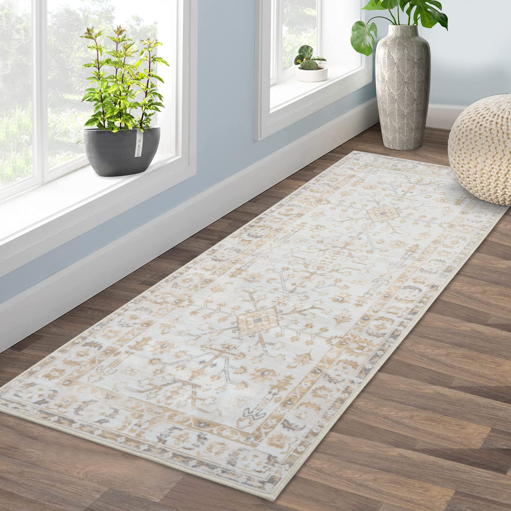 GARVEE 2x6 Runner Rug - Stain Resistant Non-Slip Low Pile Indoor Carpet for Entryway, Kitchen, Living Room & Bathroom - Persian Design with Anti-Slip Backing, Yellow (2' x 6') - Perfect for High Traffic Areas & Pet-Friendly Homes