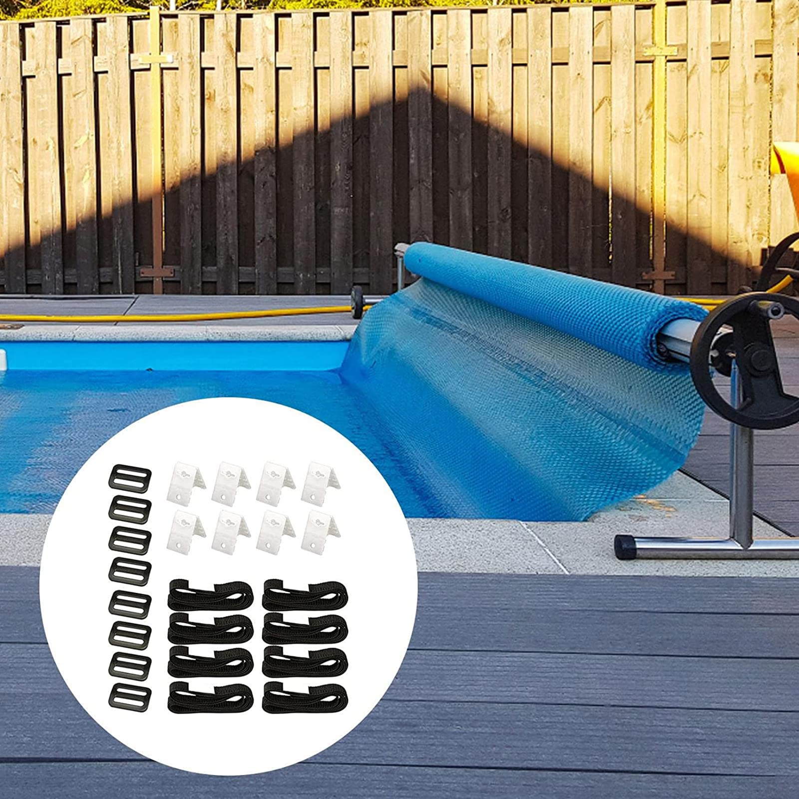 MOTOFUTURE Universal In-Ground Pool Solar Cover Reel Attachment Kit - Includes 8 Adhesive Nylon Straps, 8 Cord Plates & 8 Buckles - Easy Installation for Above Ground & Inground Swimming Pools - Perfect for Pool Maintenance & Solar Cover Storage