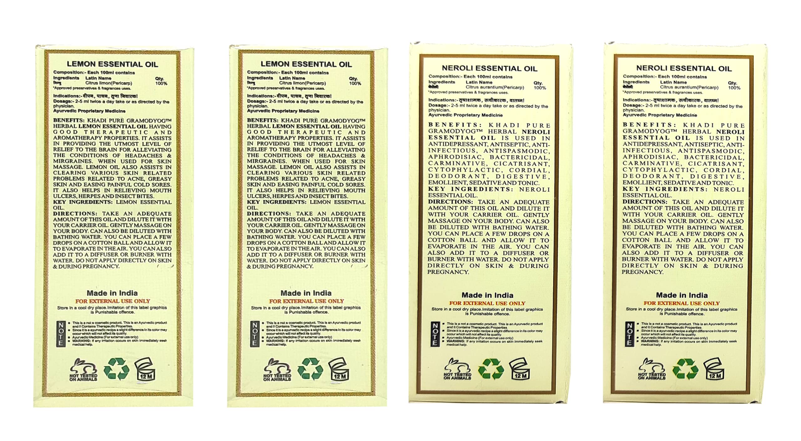 Khadi Pure Lemon & Neroli Essential Oil - 15ml (Pack of 4) | Natural Aromatherapy Oil for Relaxation, Skin Care & Diffuser Blends