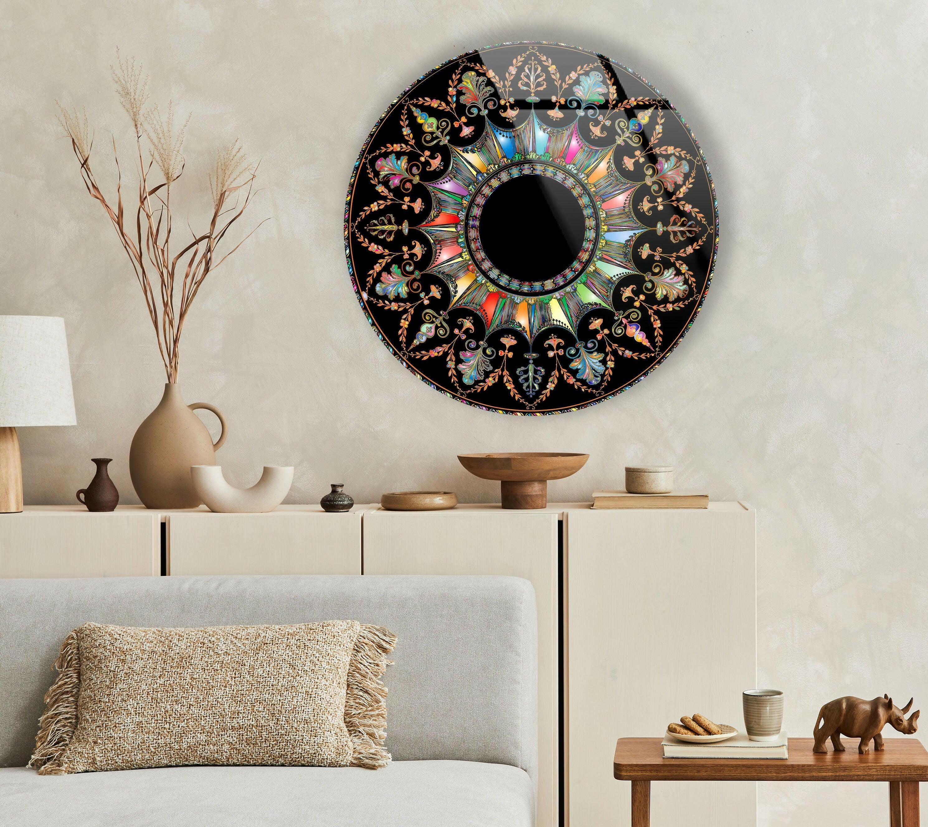Black Mandala Round Glass Wall Art - Handmade Bohemian Decor for Living Room, Bedroom & Meditation Space