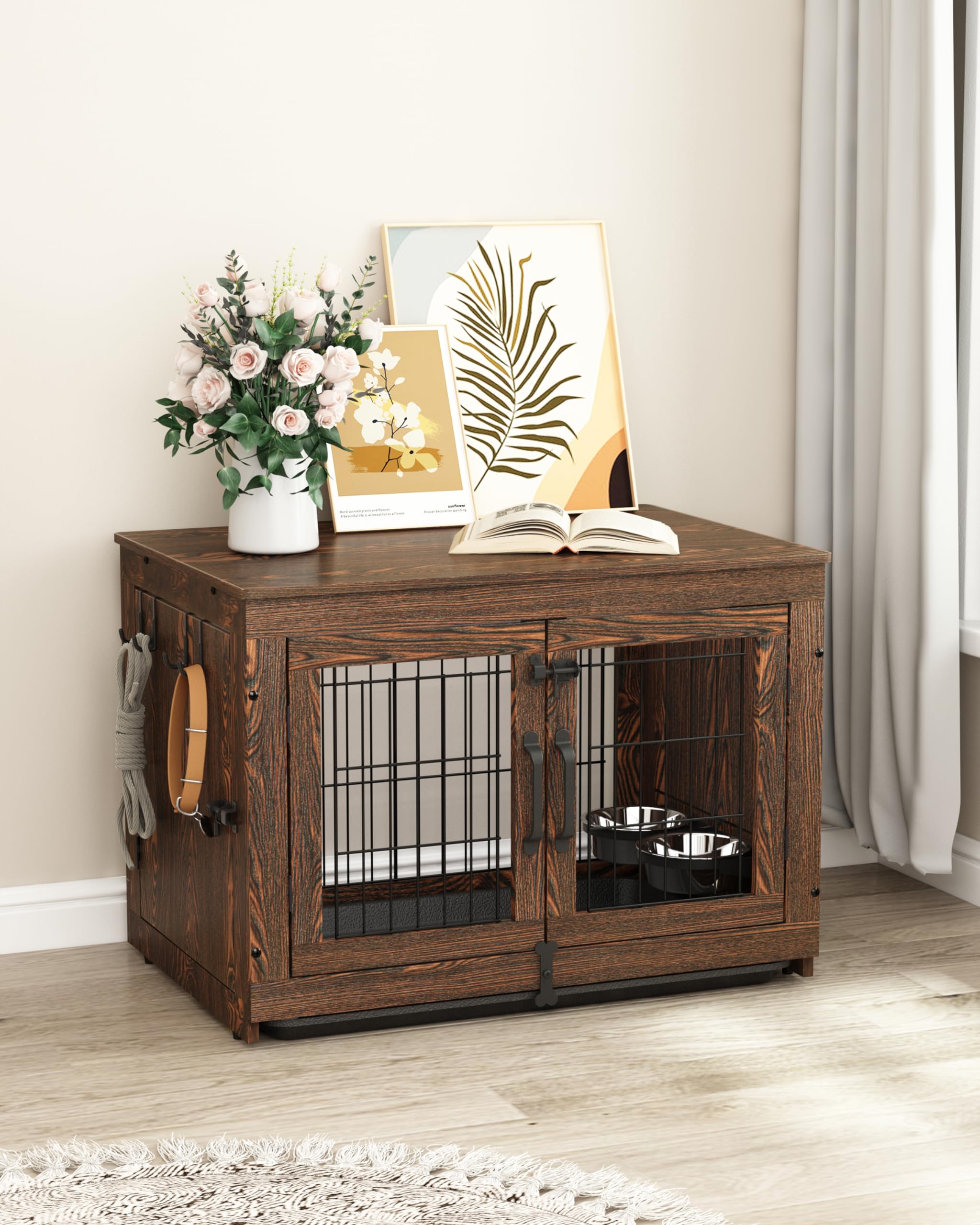 Piskyet Rustic Style Wooden Dog Crate Furniture - 360° Rotatable Removable Dog Bowls, Double Door Dog Kennel with Tray - End Table for Small to Medium Dogs (31.8