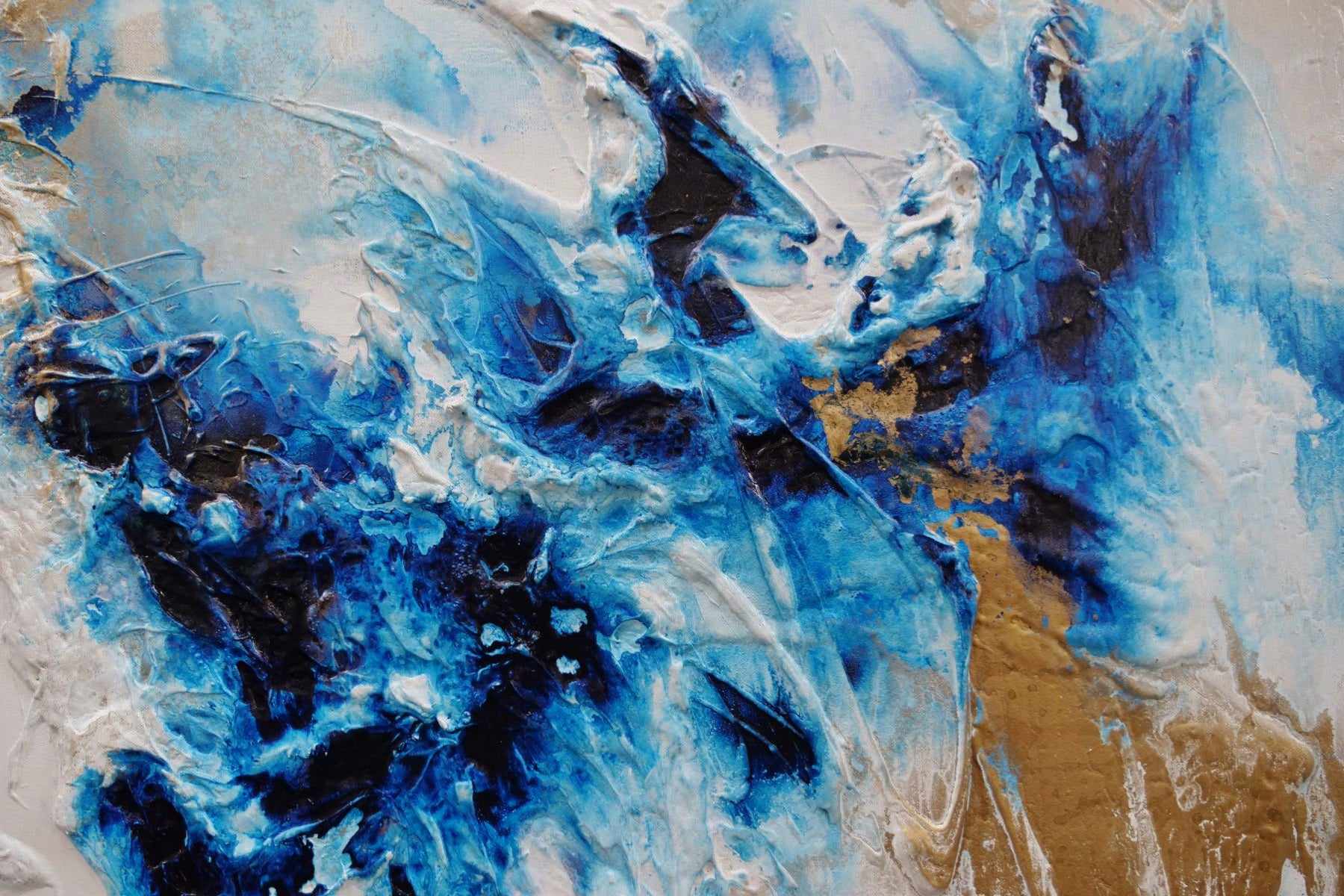 120cm x 150cm White Blue Gold Textured Abstract Canvas Painting - Modern Ice Gold Wall Art for Living Room, Bedroom & Office Decor