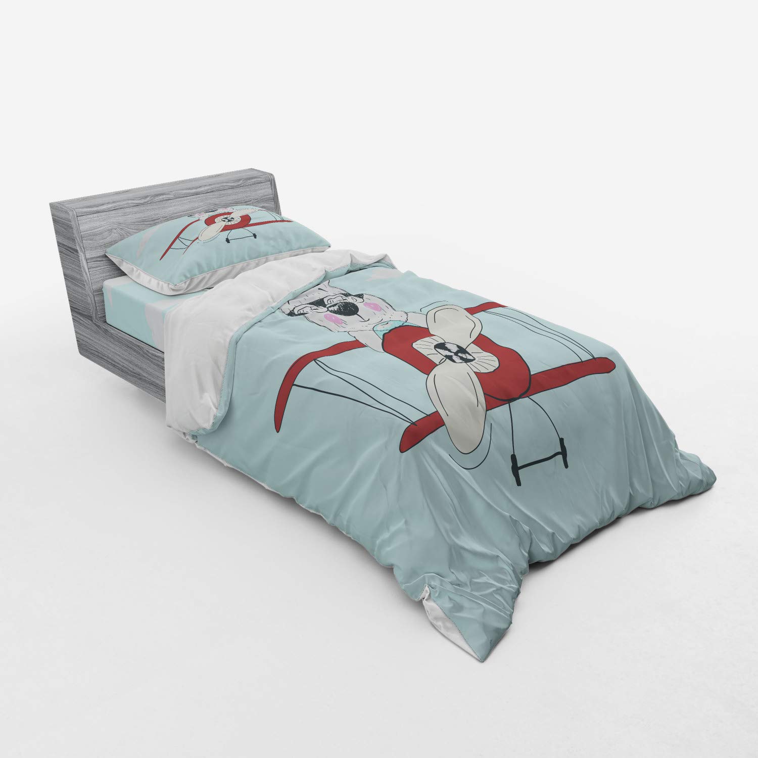Ambesonne Cartoon Duvet Cover Set - Hand Drawn Pilot Bear Flying Airplane in Sky, 3-Piece Bedding Set with Pillow Sham & Fitted Sheet, Twin XL Size, Pale Blue Cream Ruby - Perfect for Kids' Rooms, Nursery Decor & Whimsical Bedroom Themes
